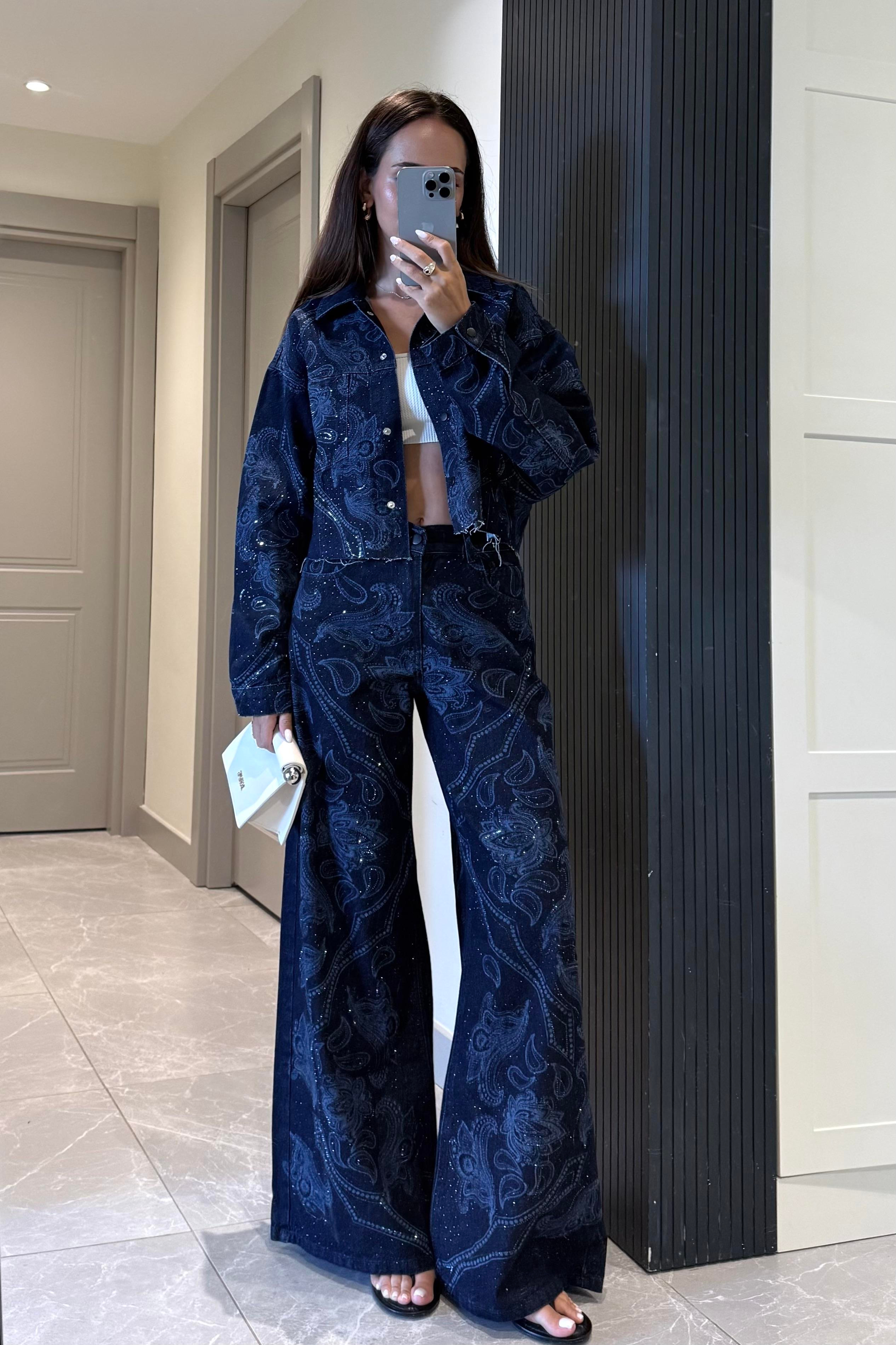 İndigo Mavi Baskı Detay Taşlı Premium Jean - Kadın Jean Modelleri - Nazliye Moda | Kadın Giyim Modası