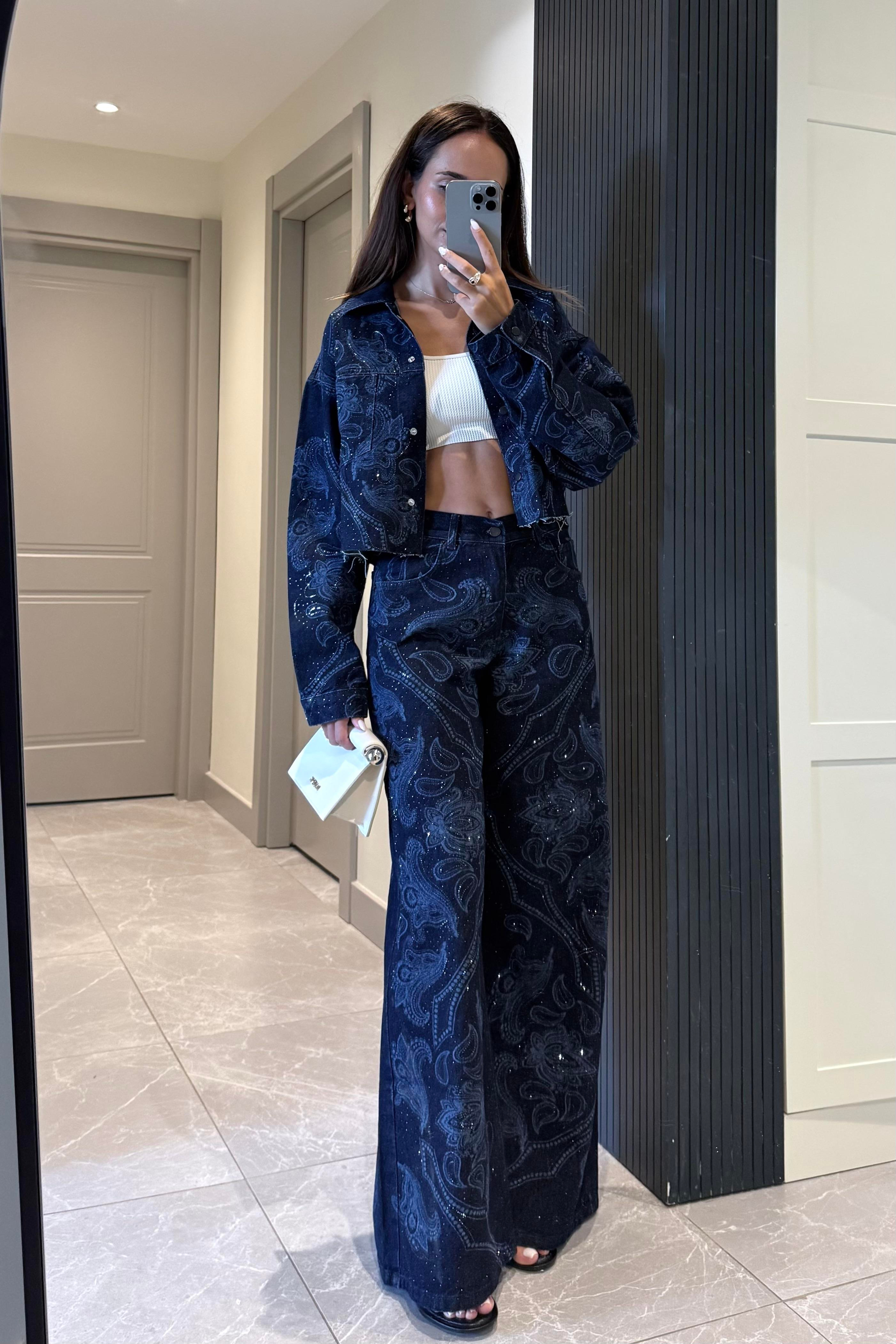 İndigo Mavi Baskı Detay Taşlı Premium Jean - Kadın Jean Modelleri - Nazliye Moda | Kadın Giyim Modası