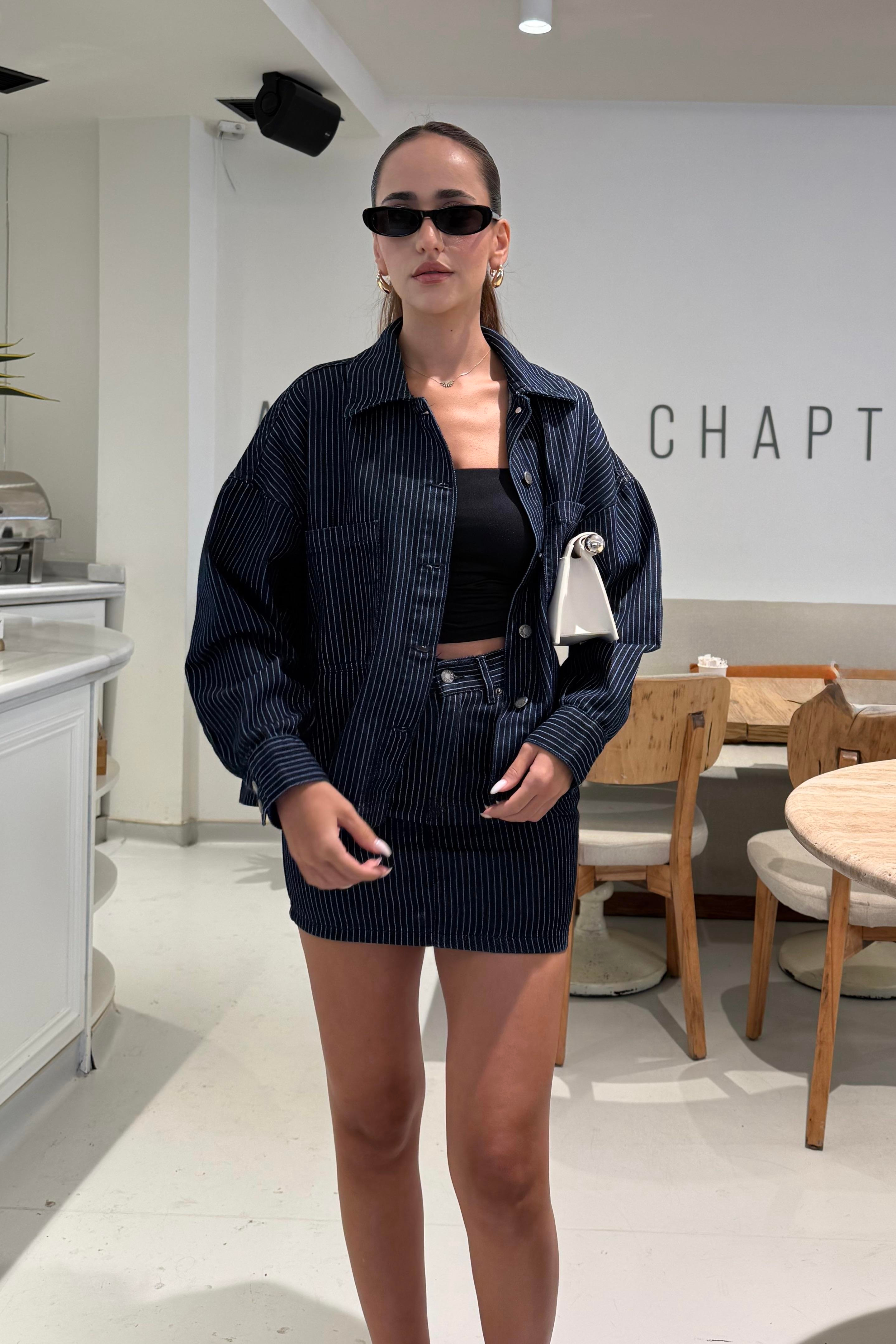 İndigo Mavi Çizgi Baskılı Premium Ceket - Kadın Jackets Modelleri - Nazliye Moda | Kadın Giyim Modası