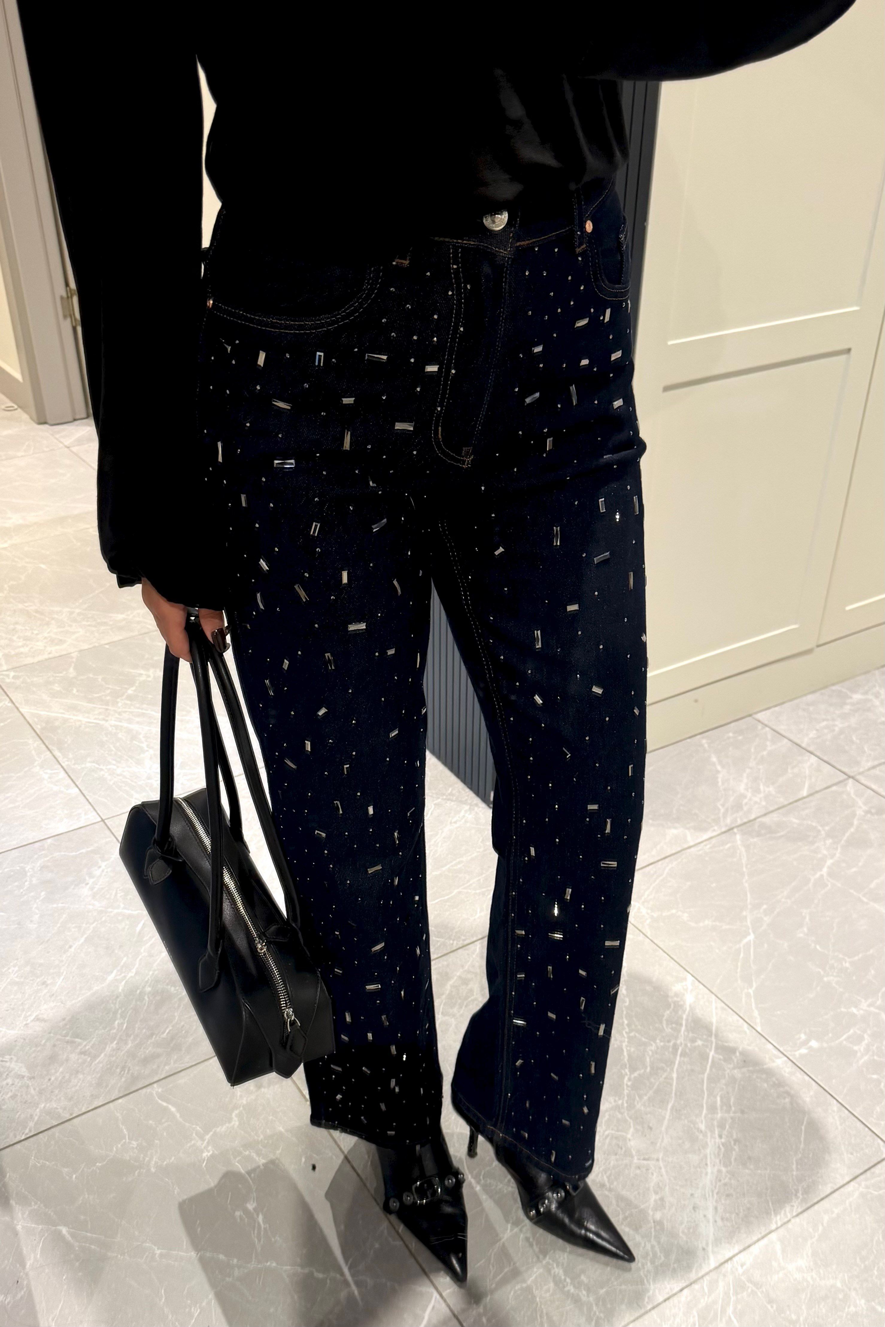 İndigo Mavi Dağınık Taşlı Jean - Kadın Jean Modelleri - Nazliye Moda | Kadın Giyim Modası