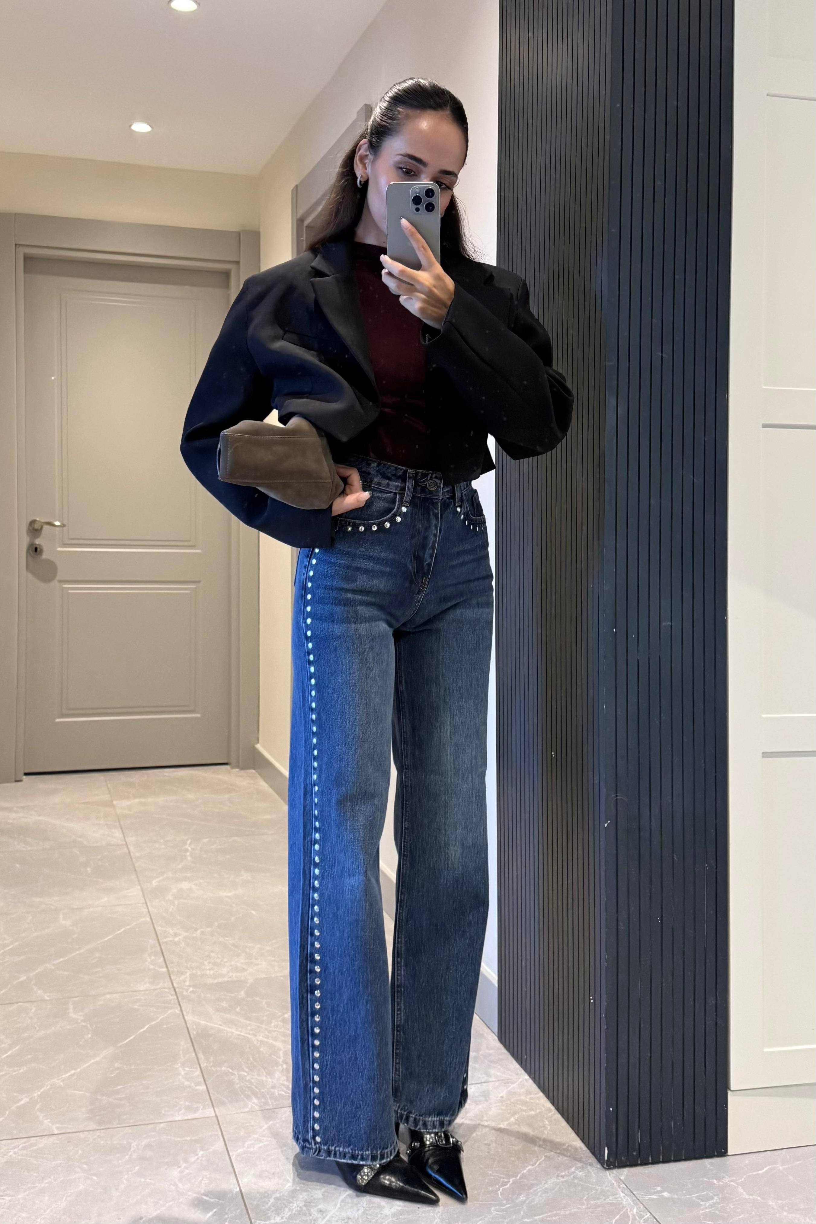 İndigo Mavi Droplu Premium Jean - Kadın Jean Modelleri - Nazliye Moda | Kadın Giyim Modası
