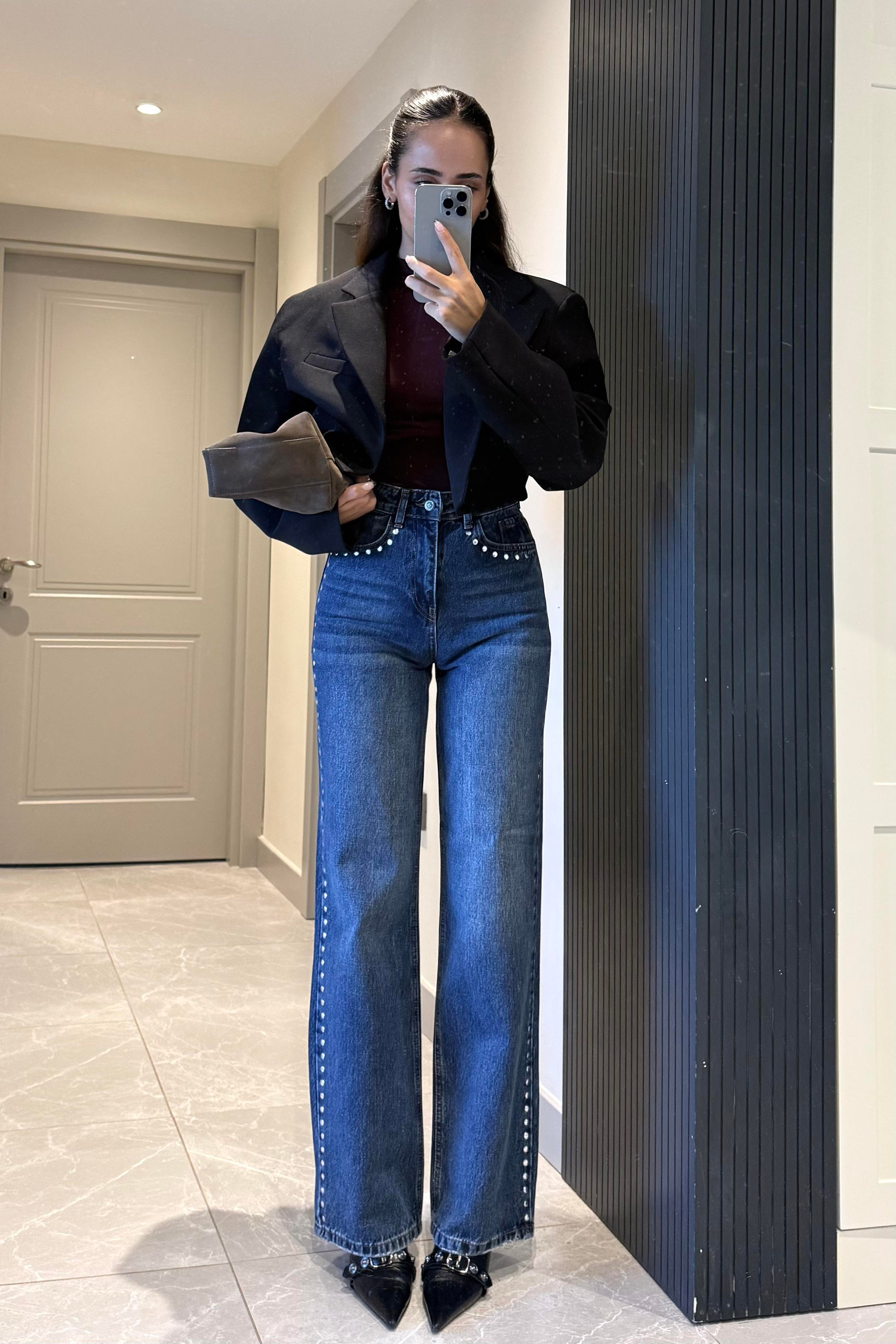 İndigo Mavi Droplu Premium Jean - Kadın Jean Modelleri - Nazliye Moda | Kadın Giyim Modası