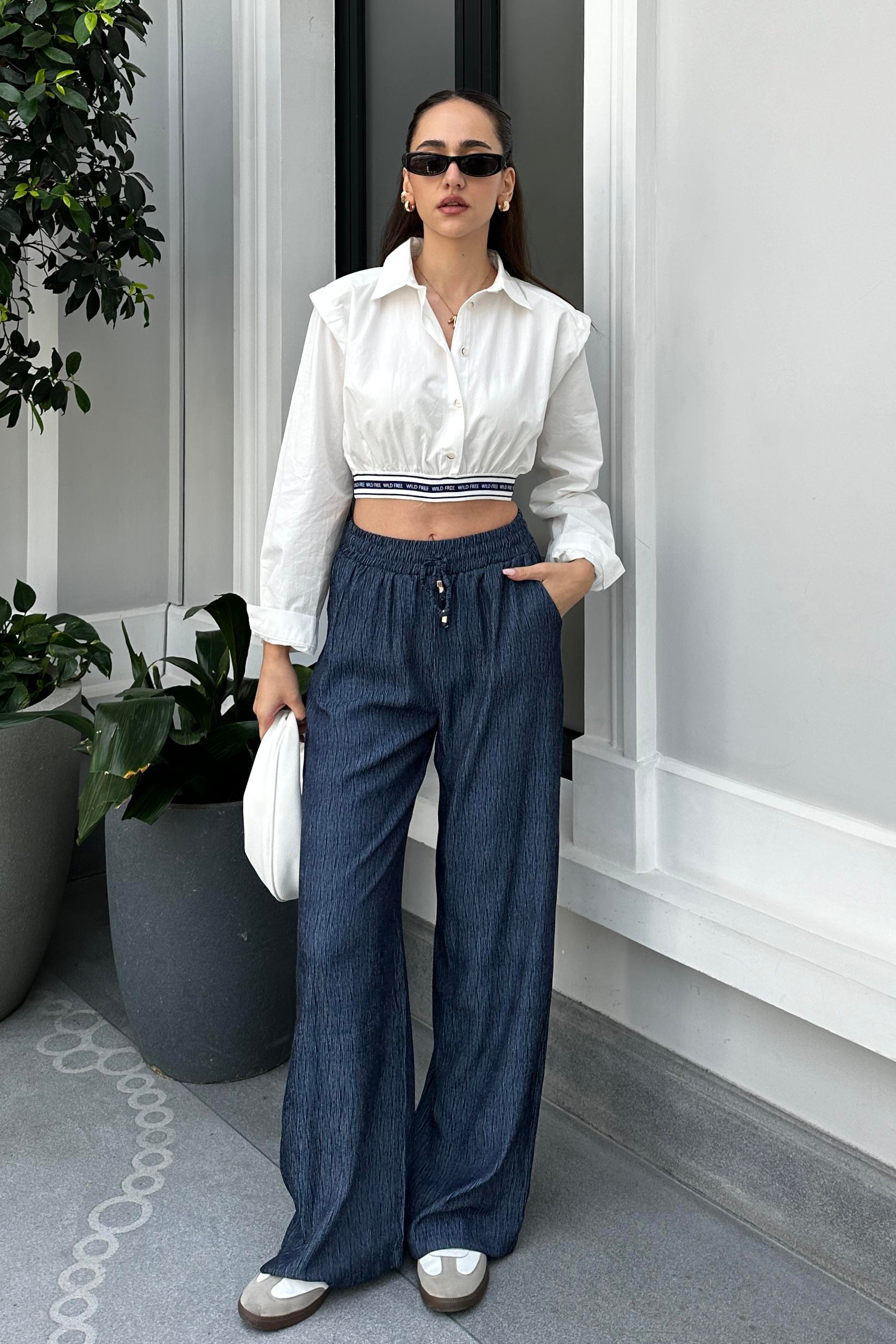 İndigo Mavi Lastikli Pantolon - Kadın Pantolon Modelleri - Nazliye Moda - Kadın Giyim Modası