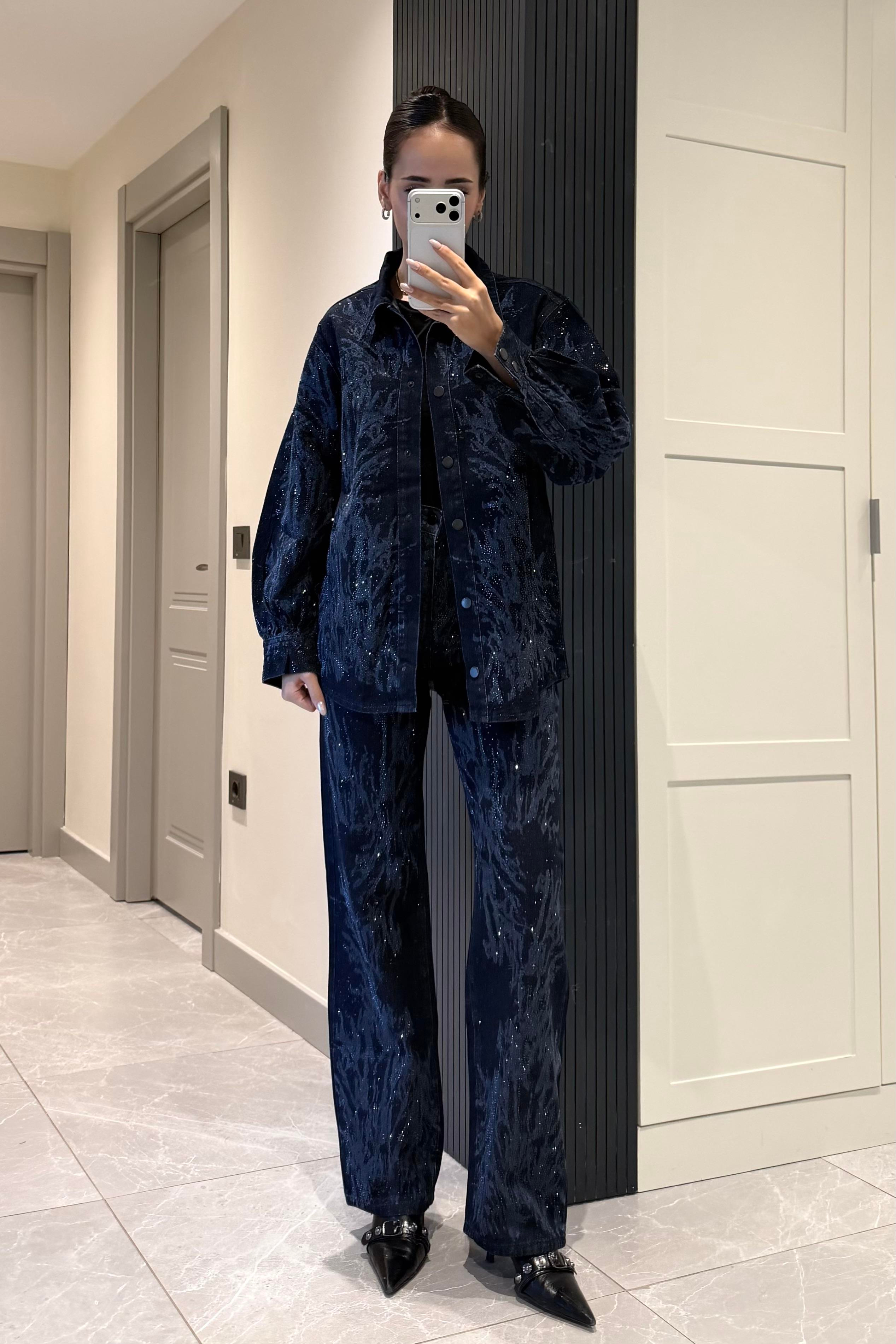 İndigo Mavi Lazer Baskı Taşlı Ceket - Kadın Jackets Modelleri - Nazliye Moda | Kadın Giyim Modası