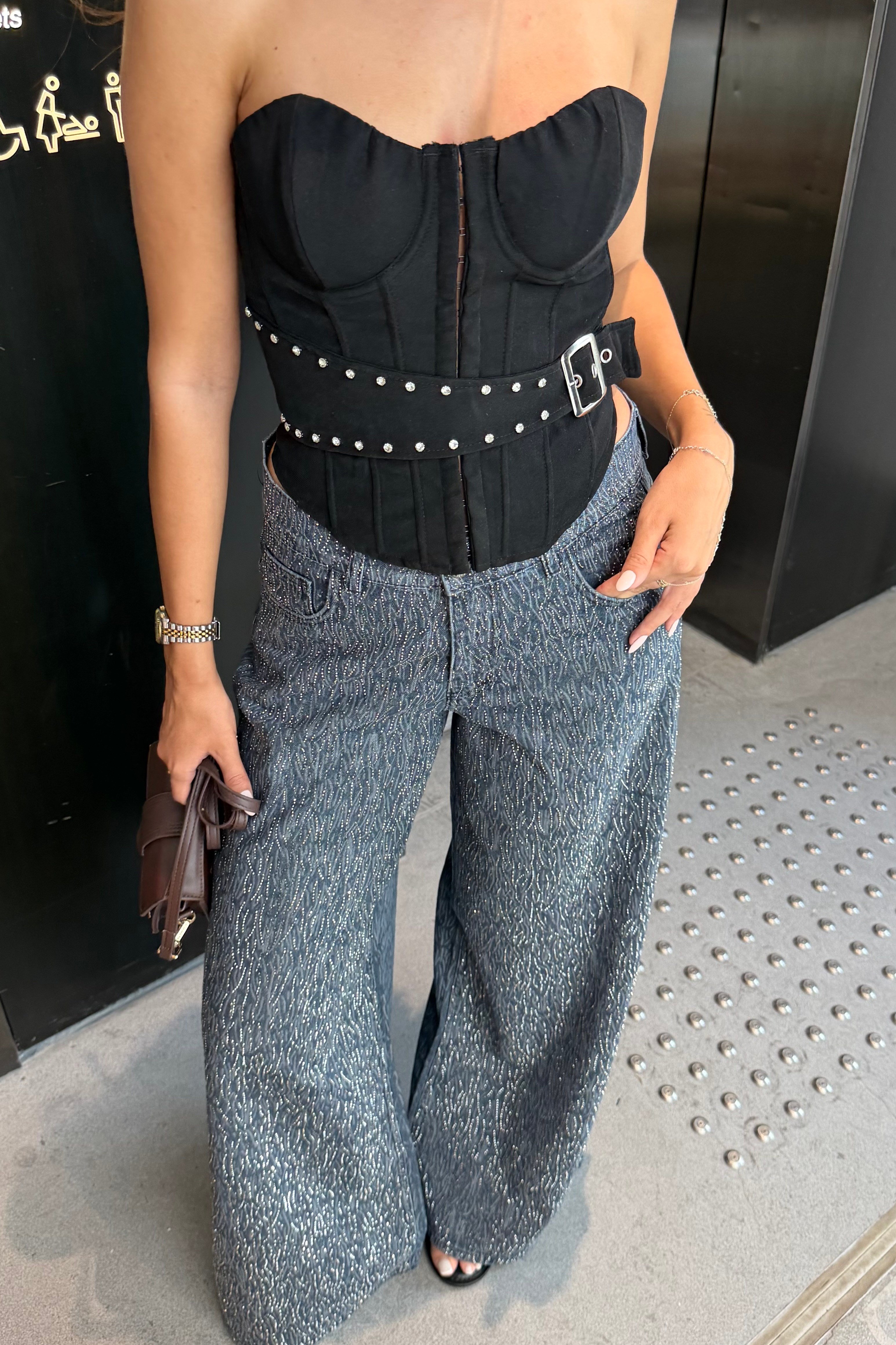İndigo Mavi Taş Baskı Premium Jean - Kadın Jean Modelleri - Nazliye Moda | Kadın Giyim Modası