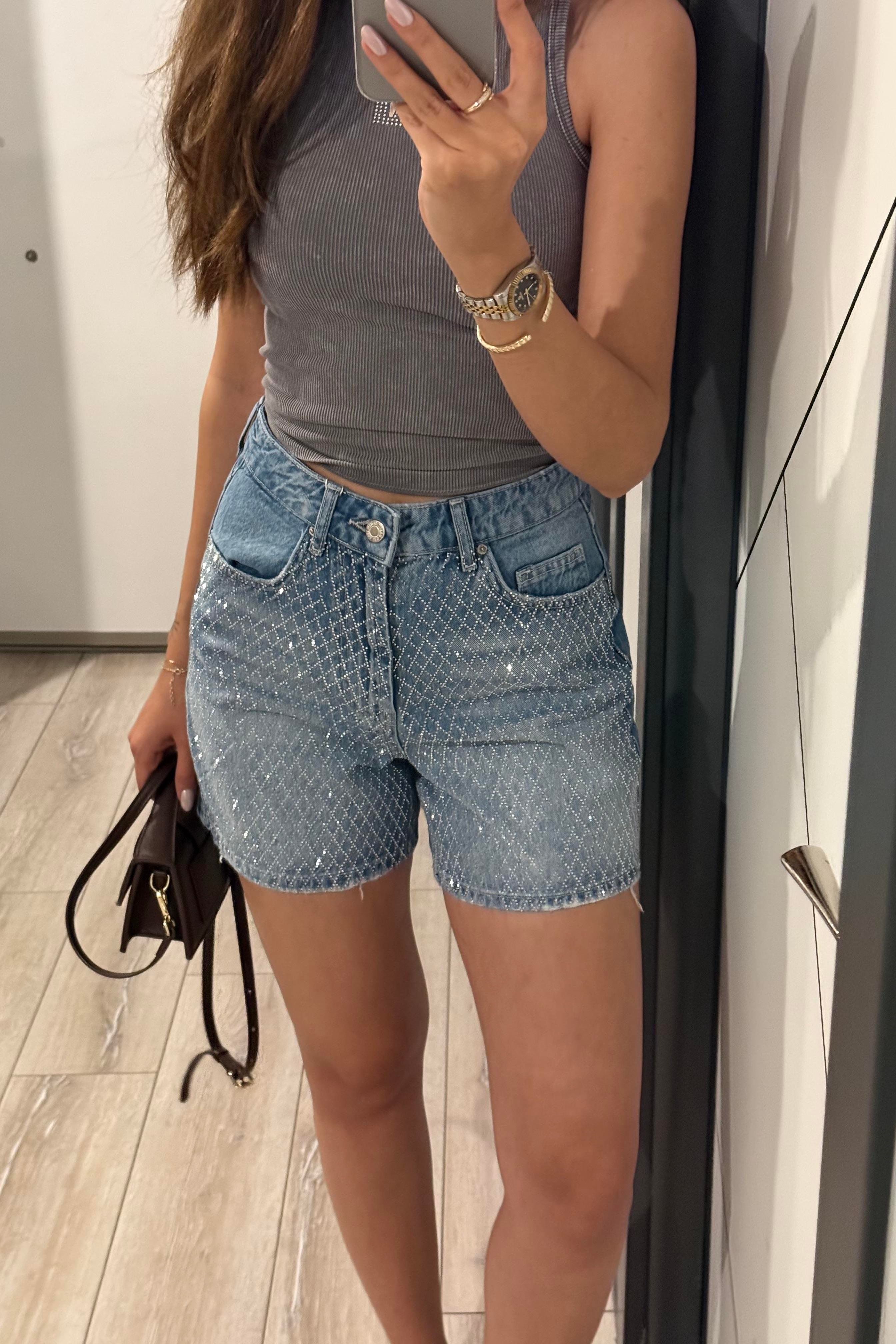 İndigo Mavi Taşlı Jean Şort - Kadın Şort Modelleri - Nazliye Moda | Kadın Giyim Modası