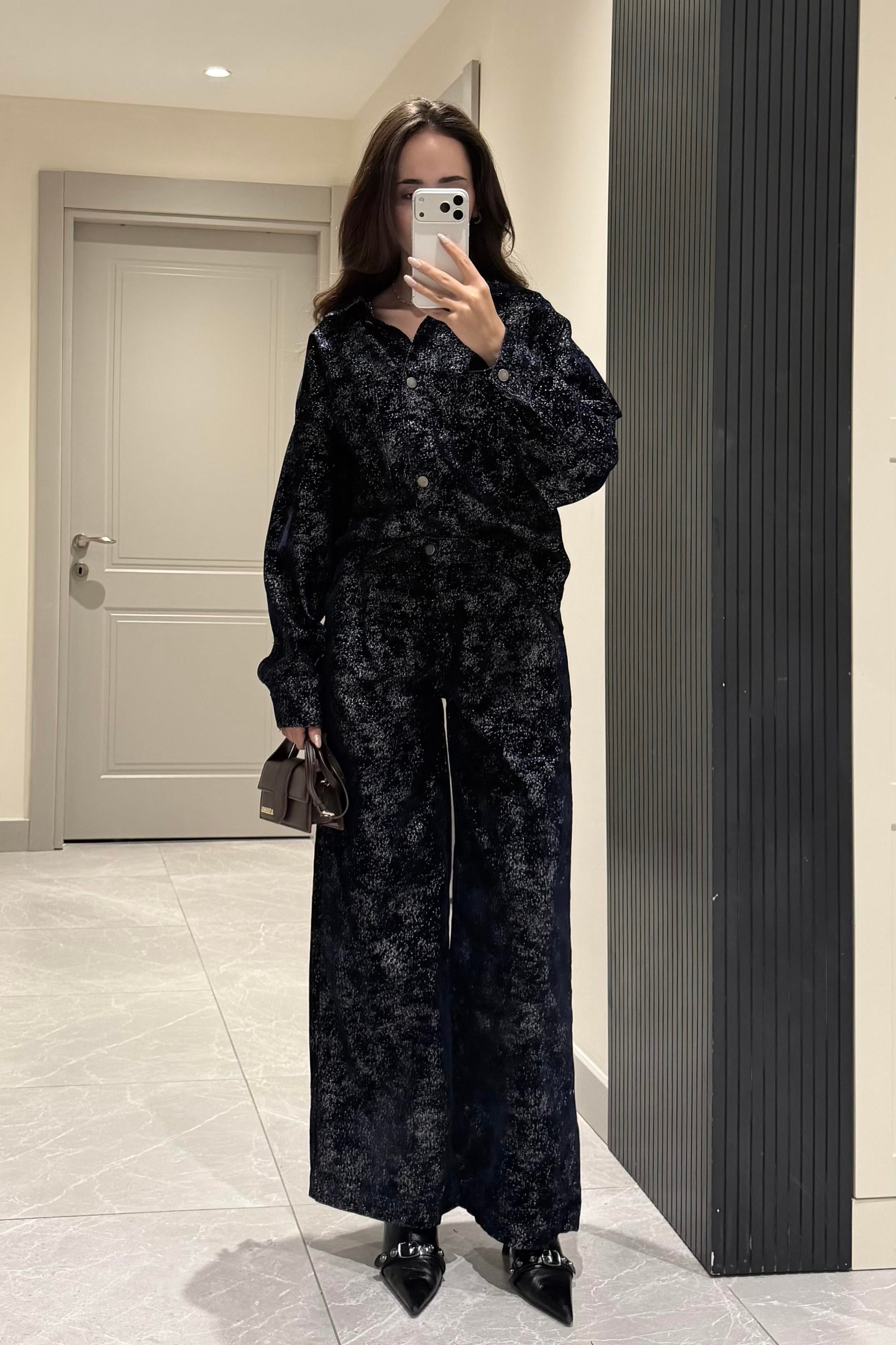 İndigo Mavi Varak Baskı Premium Takım - Kadın Outfit Sets Modelleri - Nazliye Moda | Kadın Giyim Modası