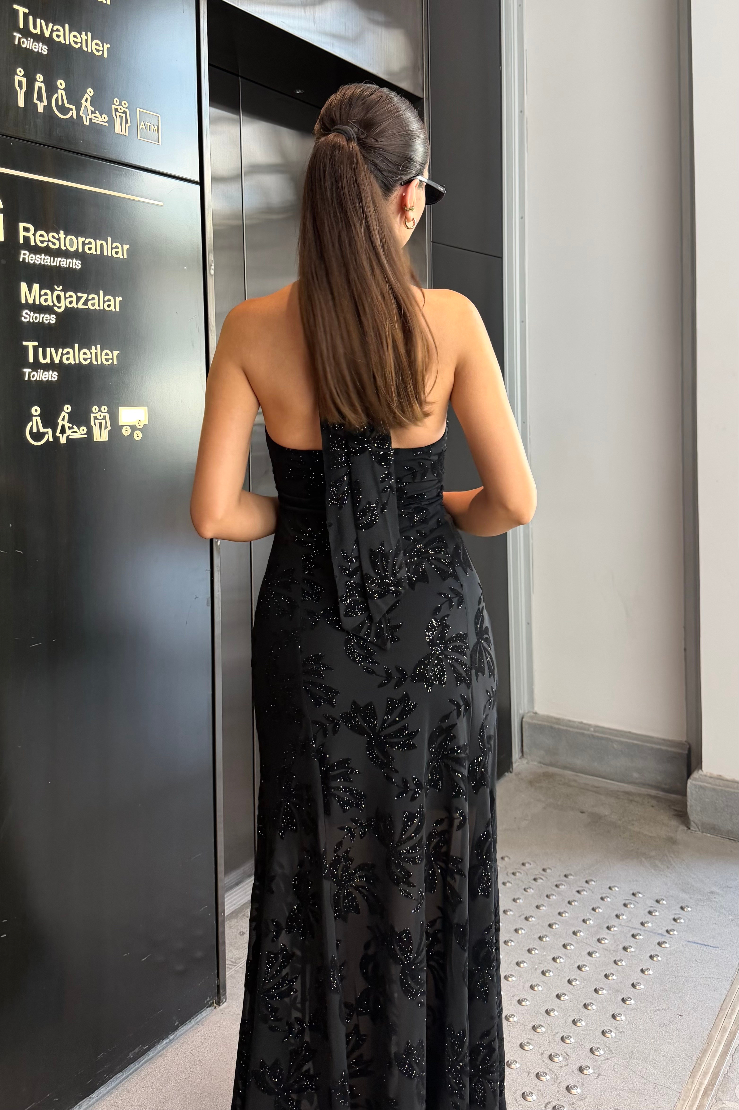 Kadife Sim Baskı Boyundan Bağlama Uzun Elbise - Kadın Elbise Modelleri - Nazliye Moda | Kadın Giyim Modası
