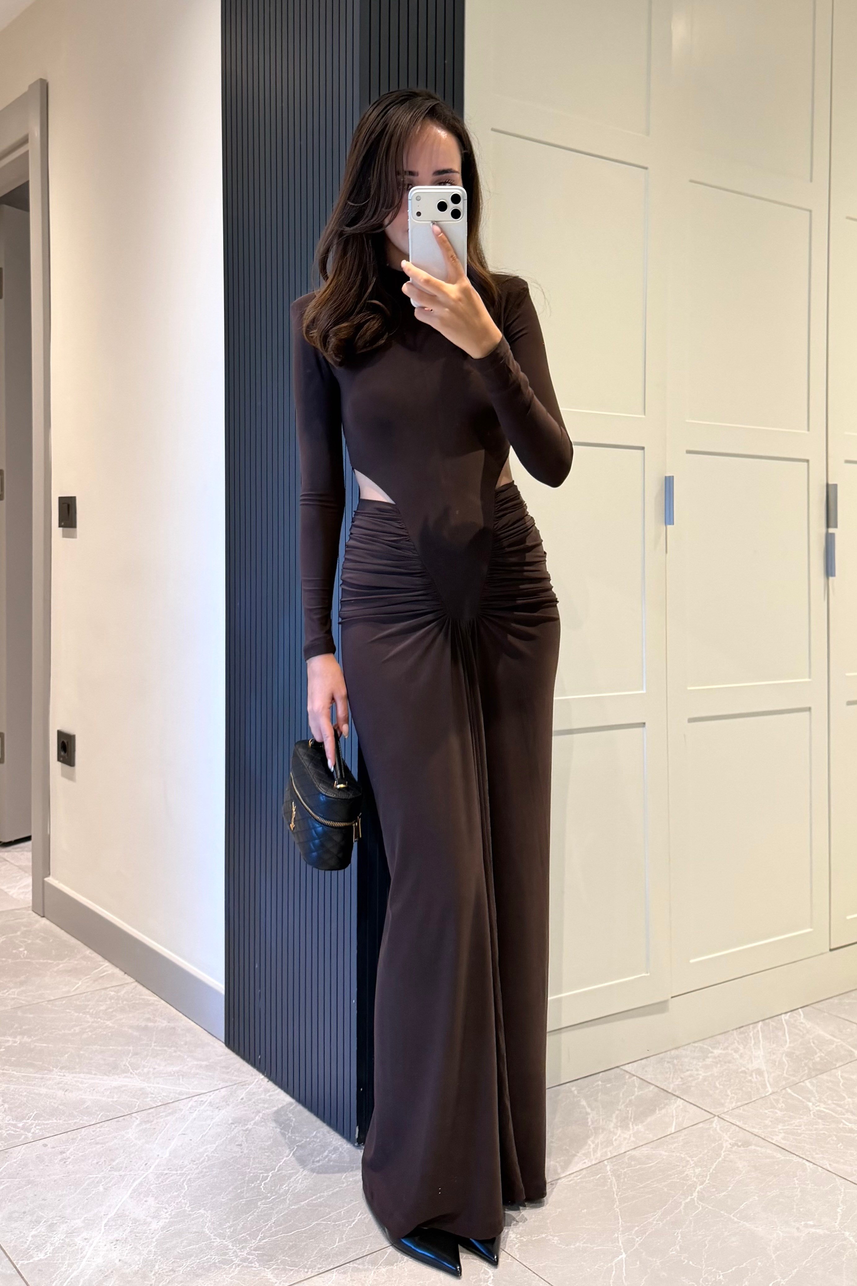 Kahve Bel Dekolteli Drape Uzun Elbise - Kadın Elbise Modelleri - Nazliye Moda | Kadın Giyim Modası
