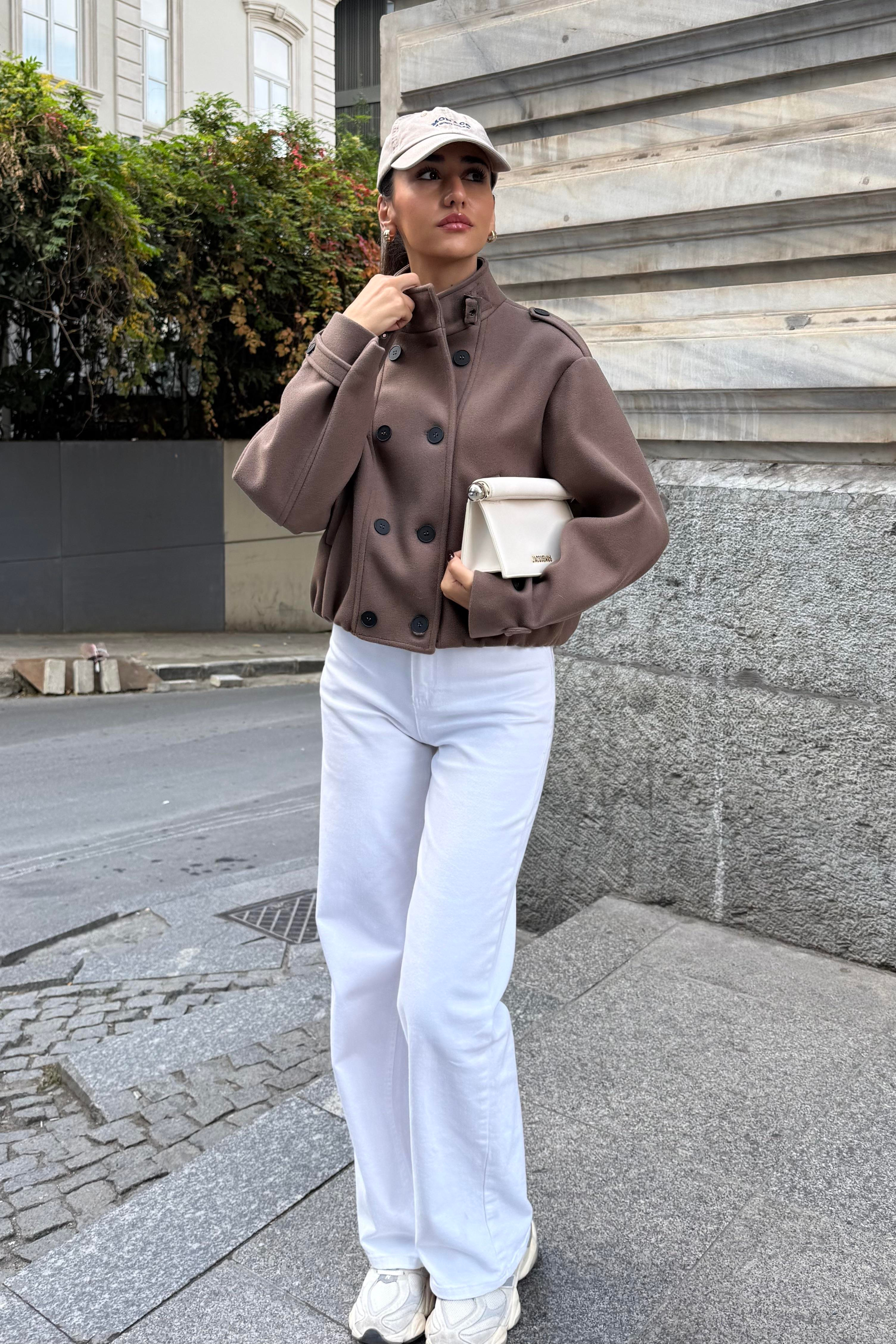 Kahve Dik Yaka Premium Kaşe Ceket - Kadın Jackets Modelleri - Nazliye Moda | Kadın Giyim Modası