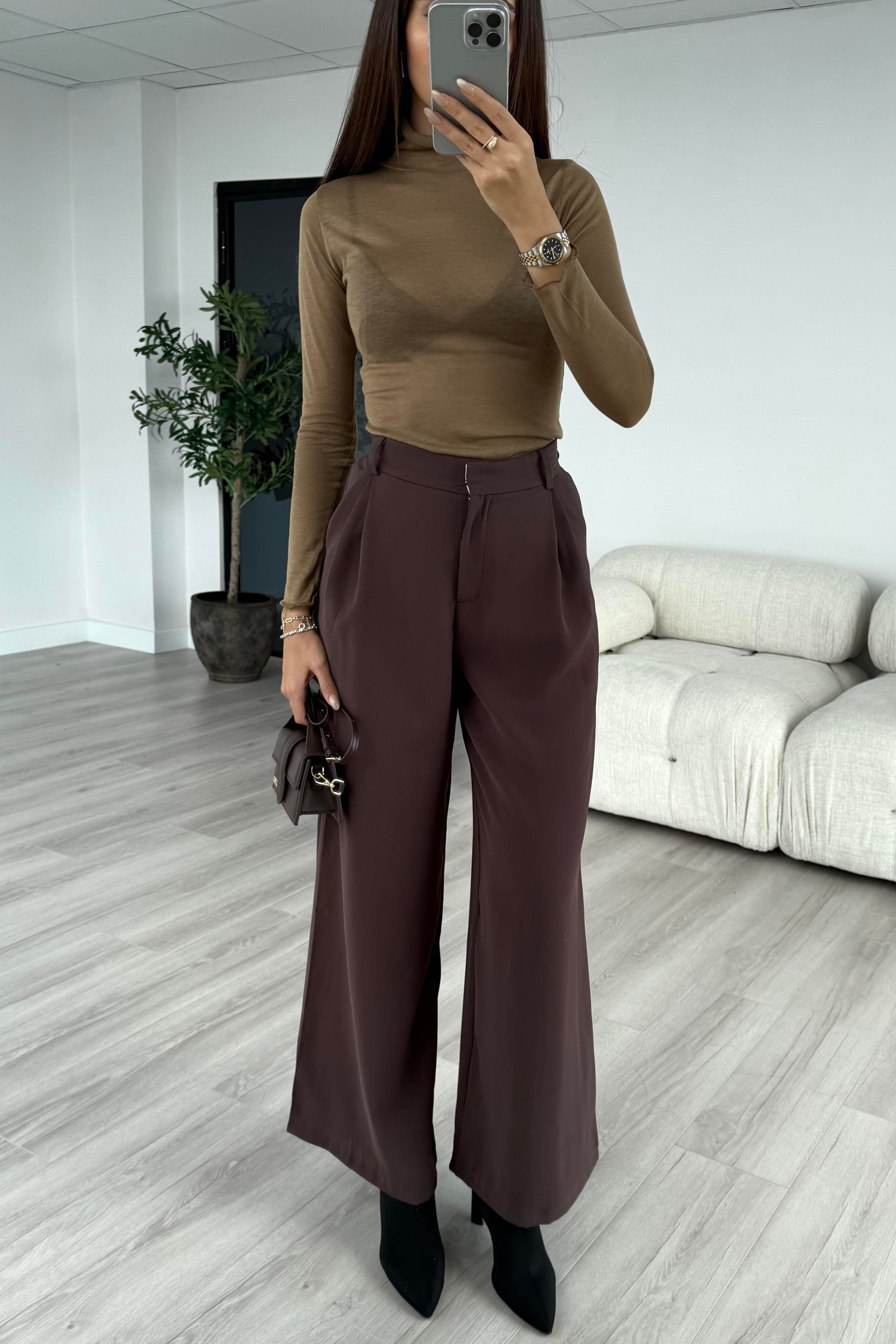 Kahve Dökümlü Premium Pantolon - Kadın Trousers Modelleri - Nazliye Moda | Kadın Giyim Modası
