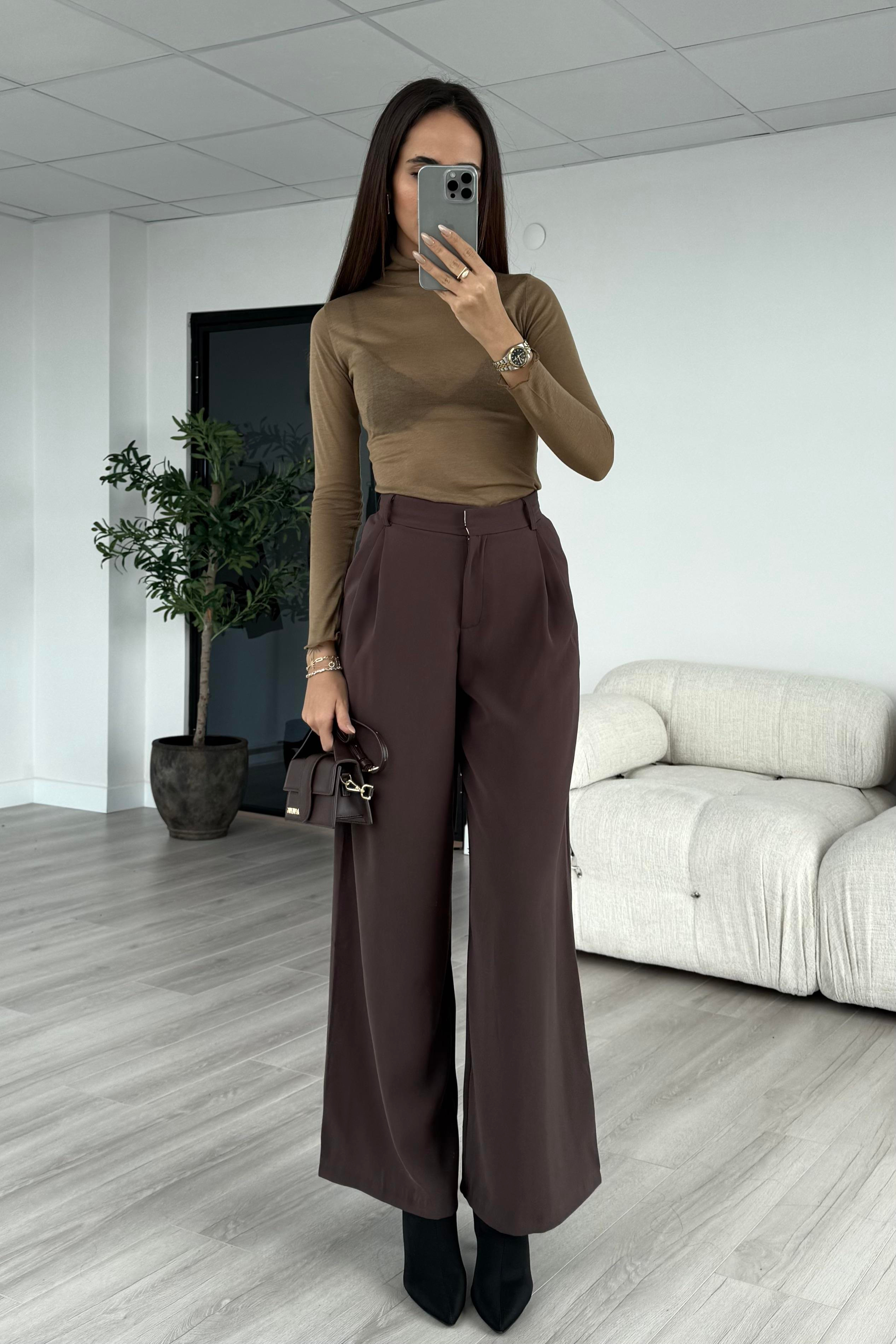 Kahve Dökümlü Premium Pantolon - Kadın Trousers Modelleri - Nazliye Moda | Kadın Giyim Modası