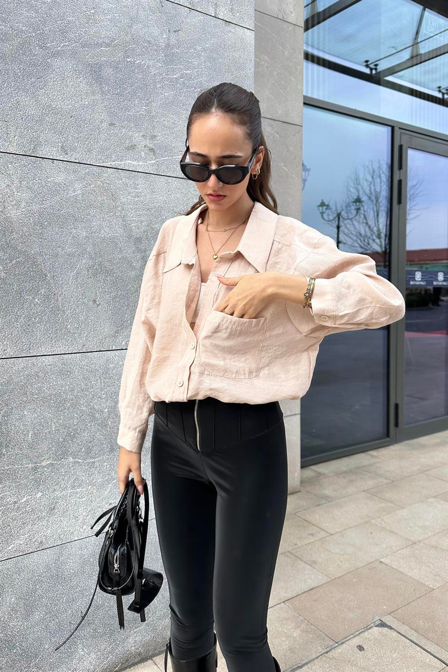 Kahve Düşük Omuz Oversize Gömlek - Kadın Gömlek Modelleri - Nazliye Moda | Kadın Giyim Modası
