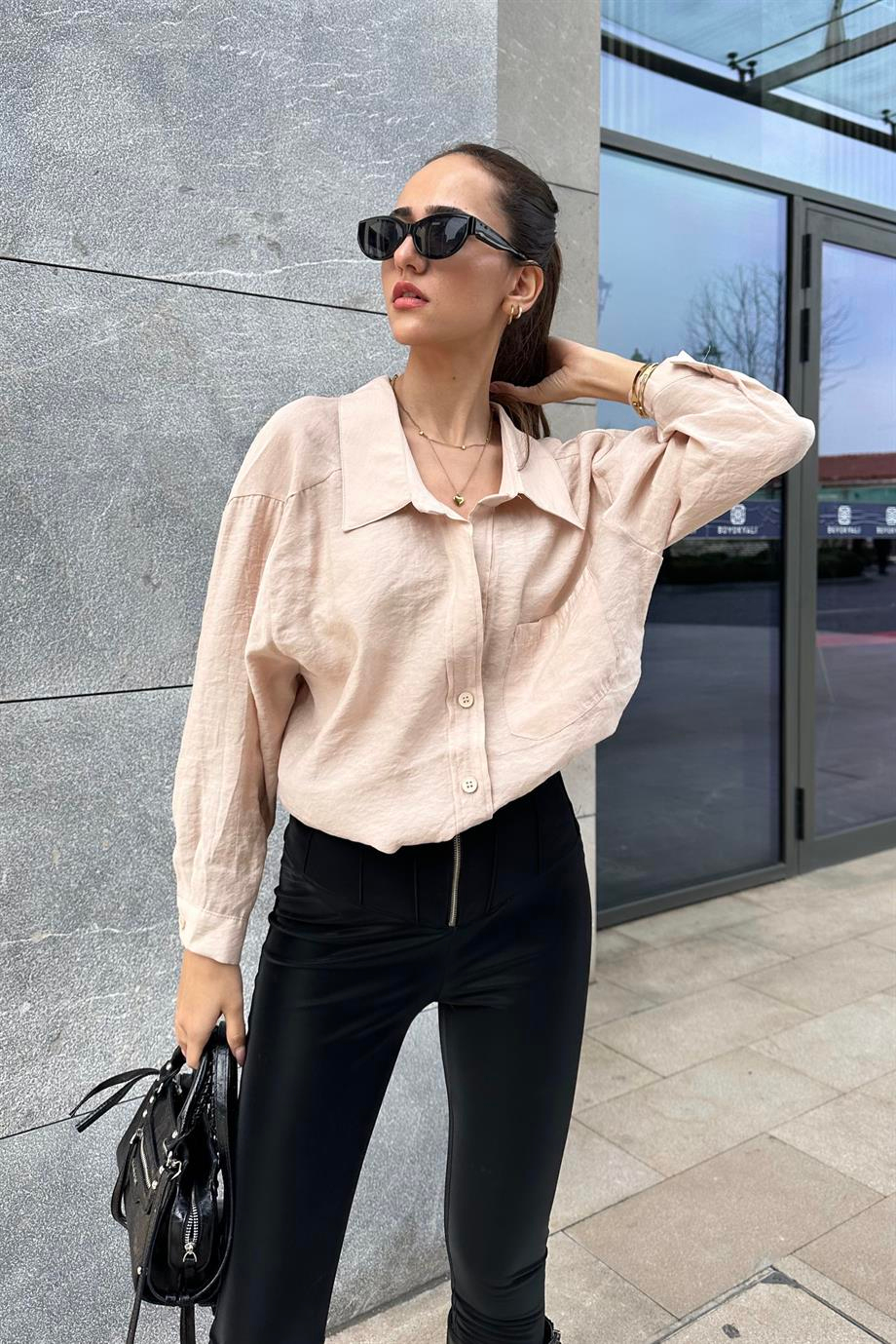 Kahve Düşük Omuz Oversize Gömlek - Kadın Gömlek Modelleri - Nazliye Moda | Kadın Giyim Modası