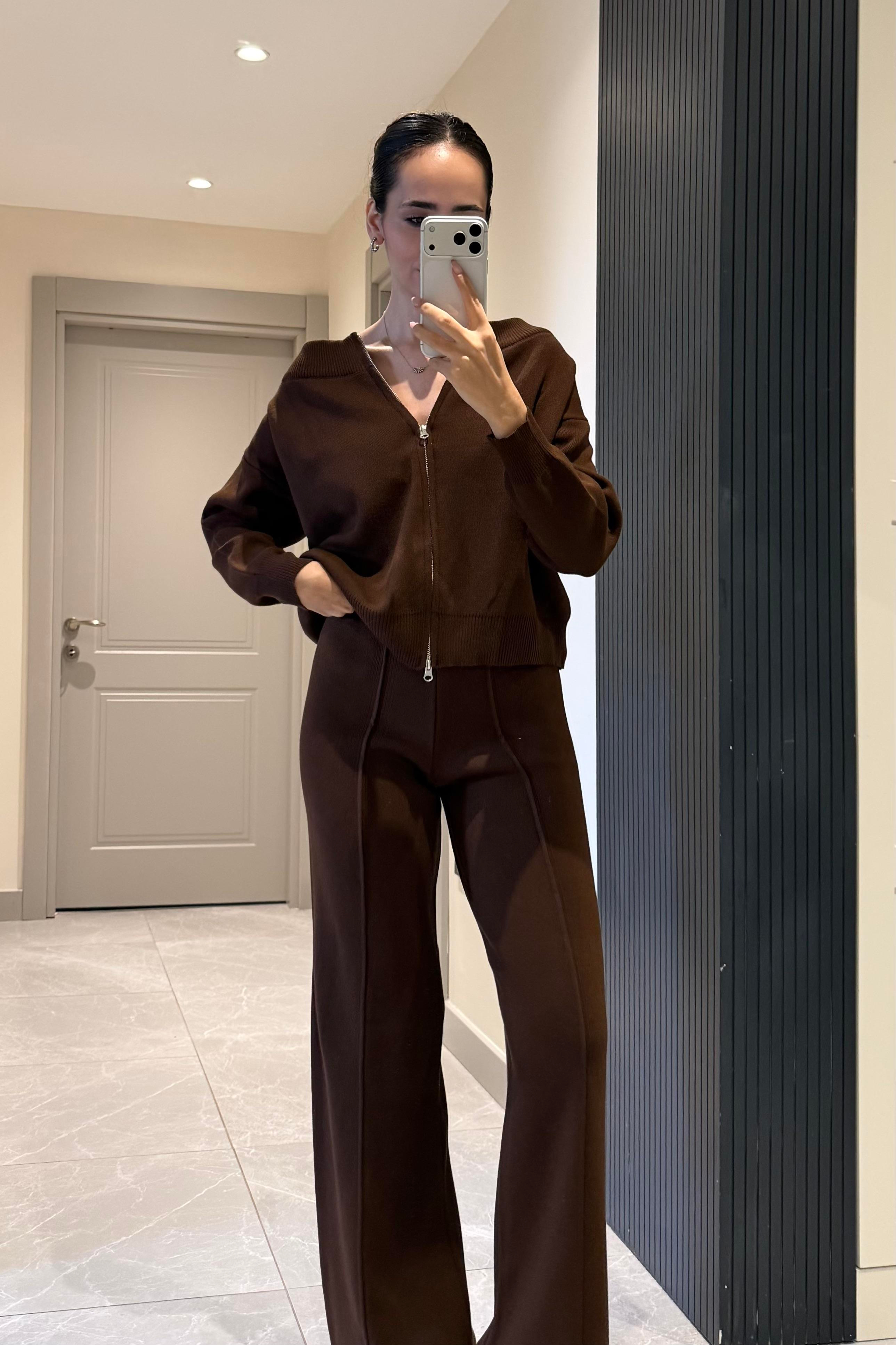 Kahve Fermuar Detaylı Triko Takım - Kadın Takım Modelleri - Nazliye Moda | Kadın Giyim Modası