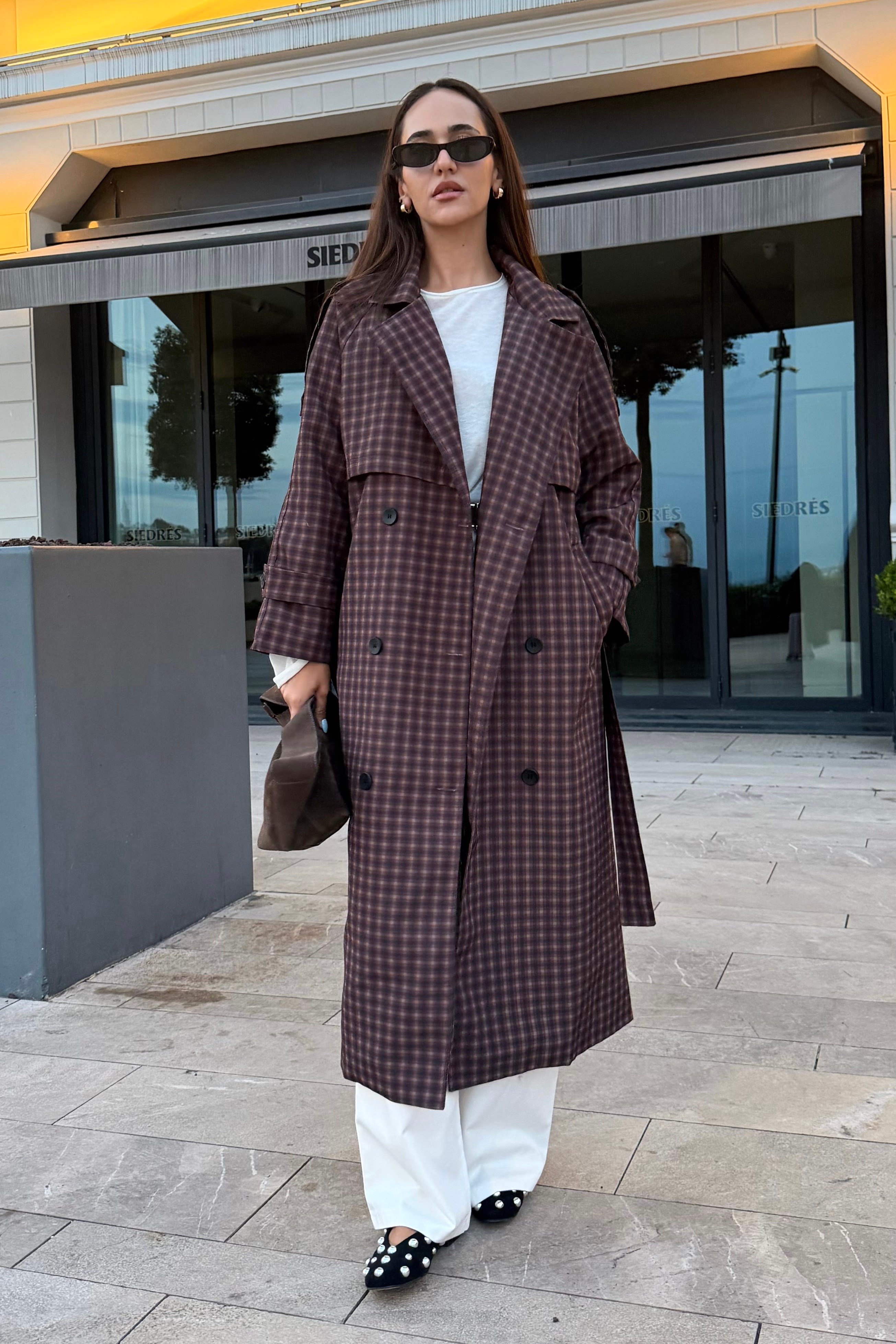 Kahve Oversize Ekose Beli Kuşaklı Trençkot - Kadın Trench Coats Modelleri - Nazliye Moda | Kadın Giyim Modası