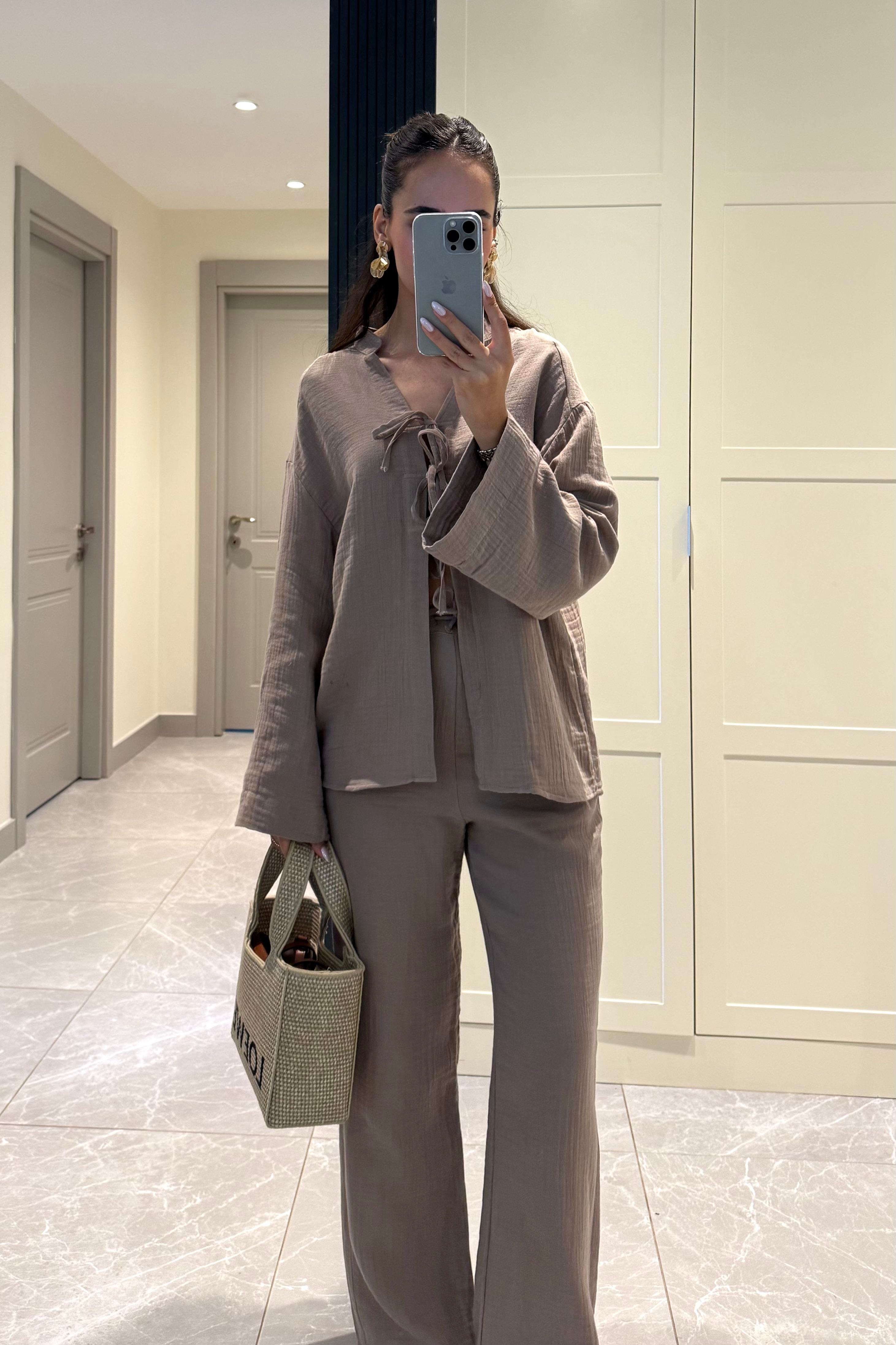 Kahverengi Bağlama Detaylı Müslin Takım - Kadın Takım Modelleri - Nazliye Moda | Kadın Giyim Modası