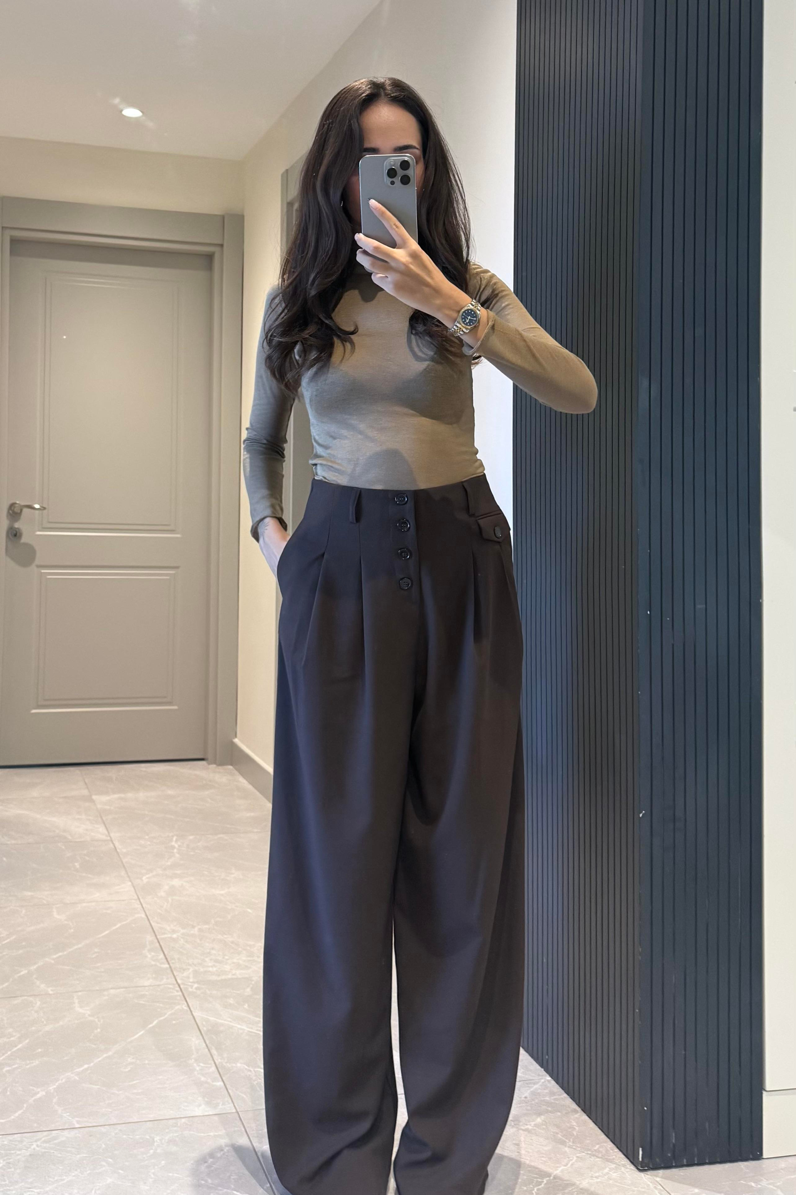 Kahverengi Düğme Detay Dökümlü Pantolon - Kadın Trousers Modelleri - Nazliye Moda | Kadın Giyim Modası