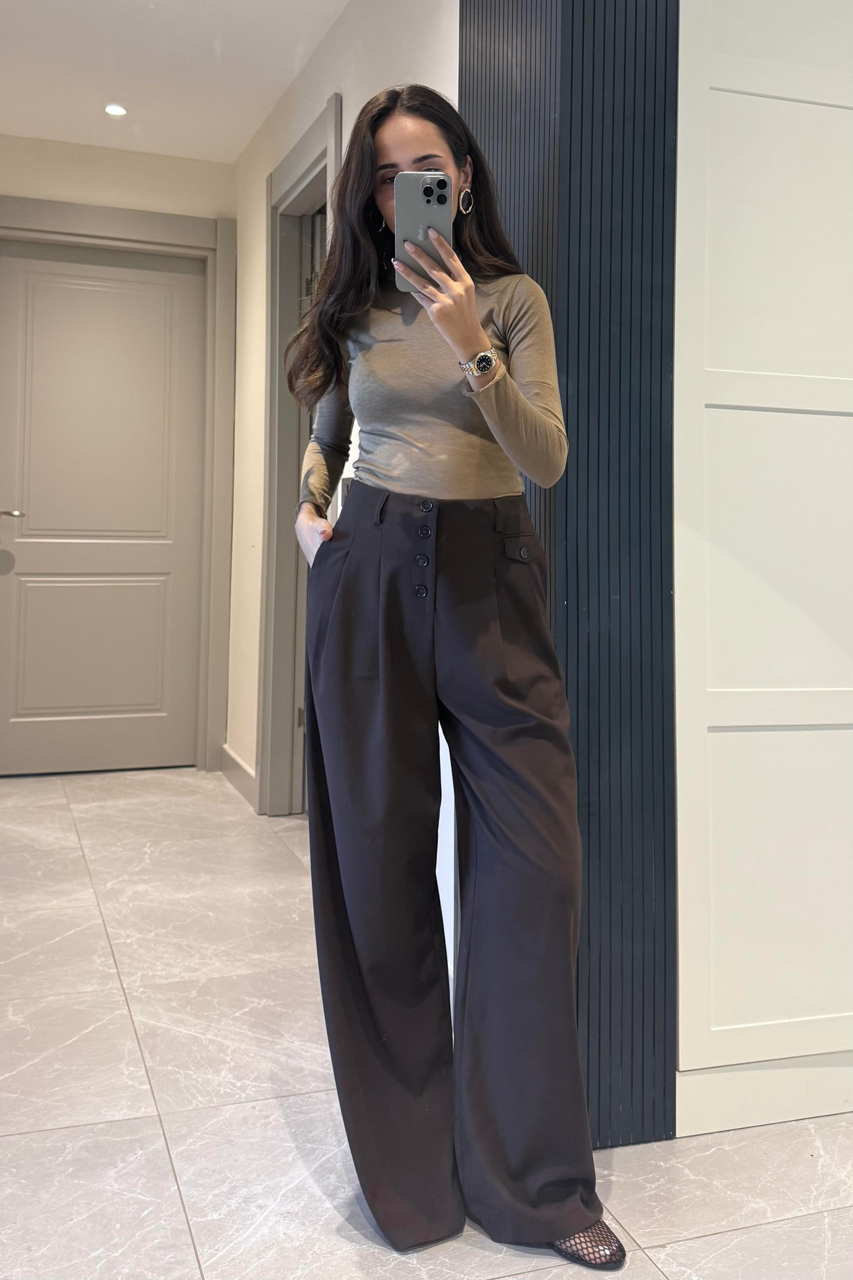 Kahverengi Düğme Detay Dökümlü Pantolon - Kadın Trousers Modelleri - Nazliye Moda | Kadın Giyim Modası