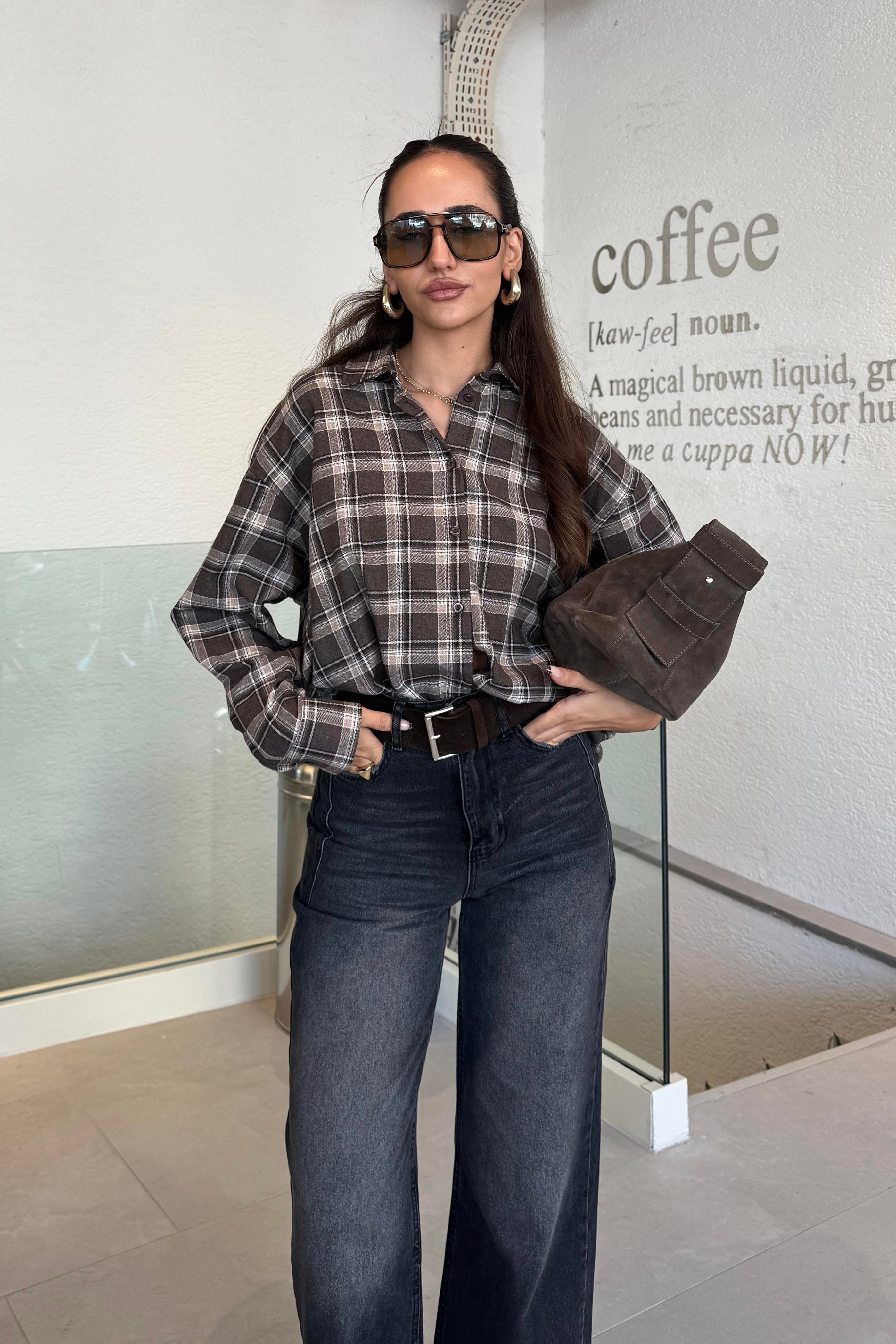 Kahverengi Ekose Gömlek - Kadın TOP WEAR Modelleri - Nazliye Moda | Kadın Giyim Modası
