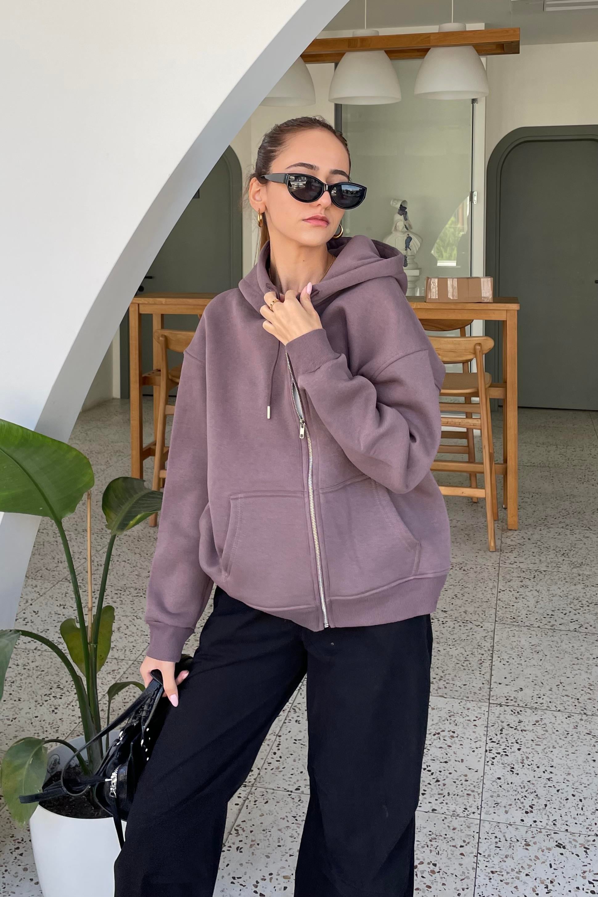 Kahverengi Fermuarlı Şardonlu Sweatshirt - Kadın Sweatshirt Modelleri - Nazliye Moda | Kadın Giyim Modası