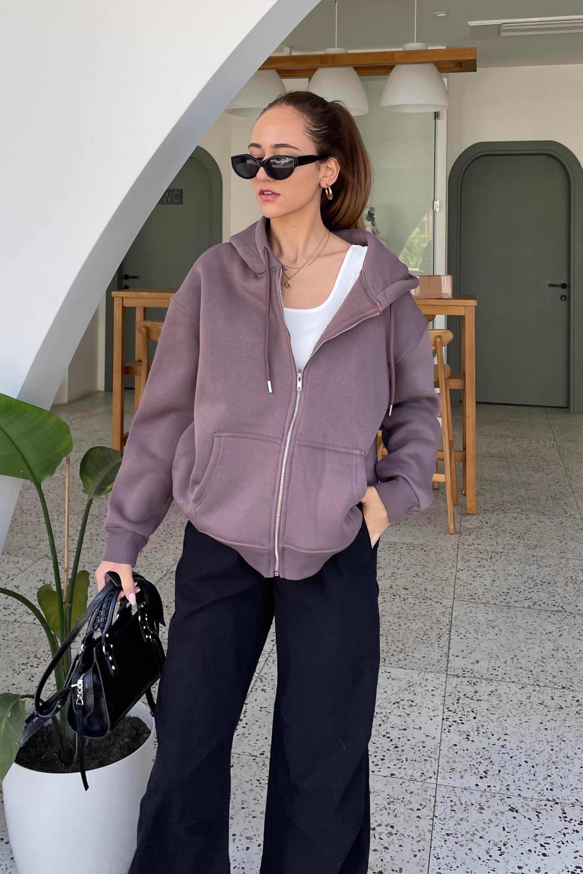 Kahverengi Fermuarlı Şardonlu Sweatshirt - Kadın Sweatshirt Modelleri - Nazliye Moda | Kadın Giyim Modası