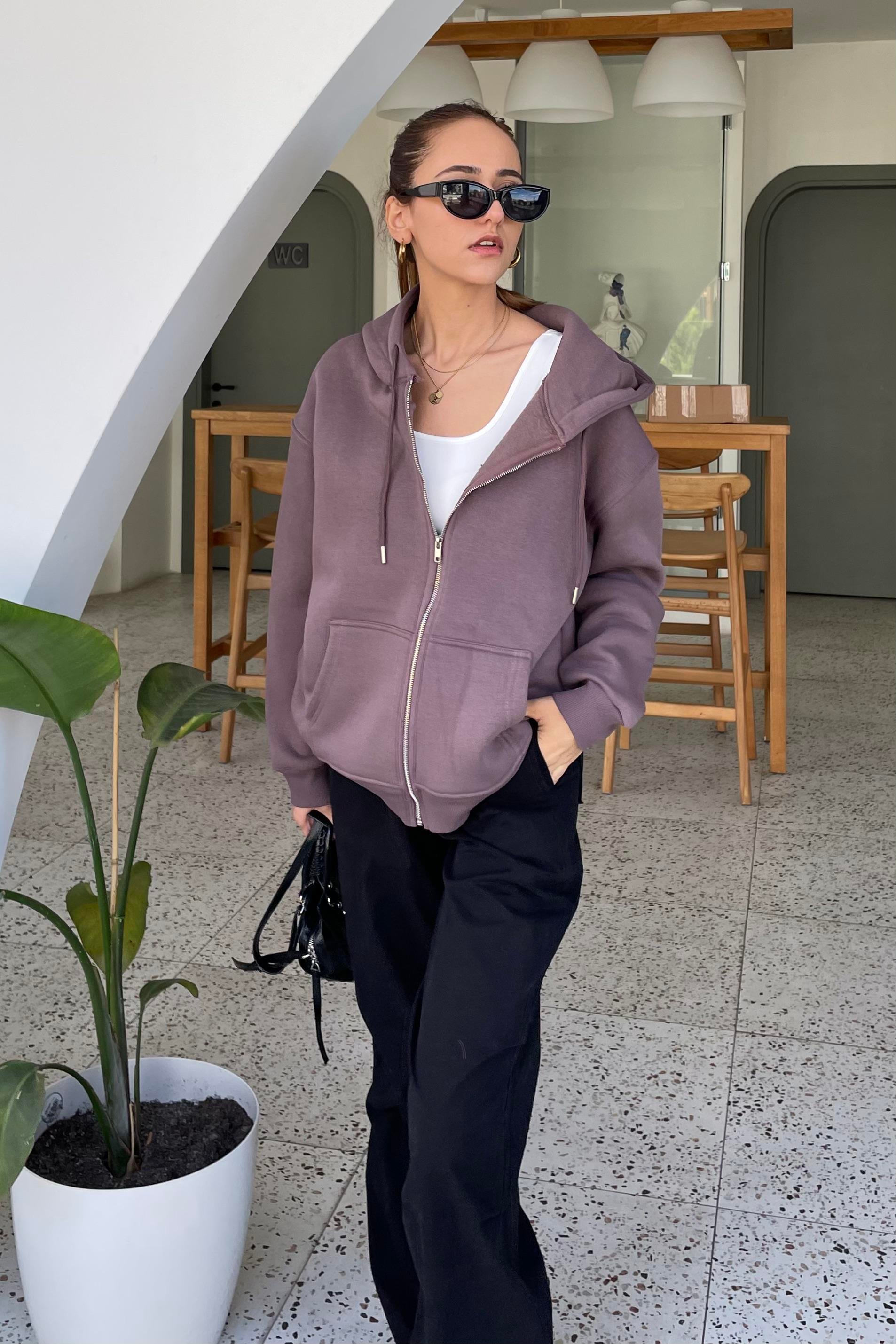 Kahverengi Fermuarlı Şardonlu Sweatshirt - Kadın Sweatshirt Modelleri - Nazliye Moda | Kadın Giyim Modası