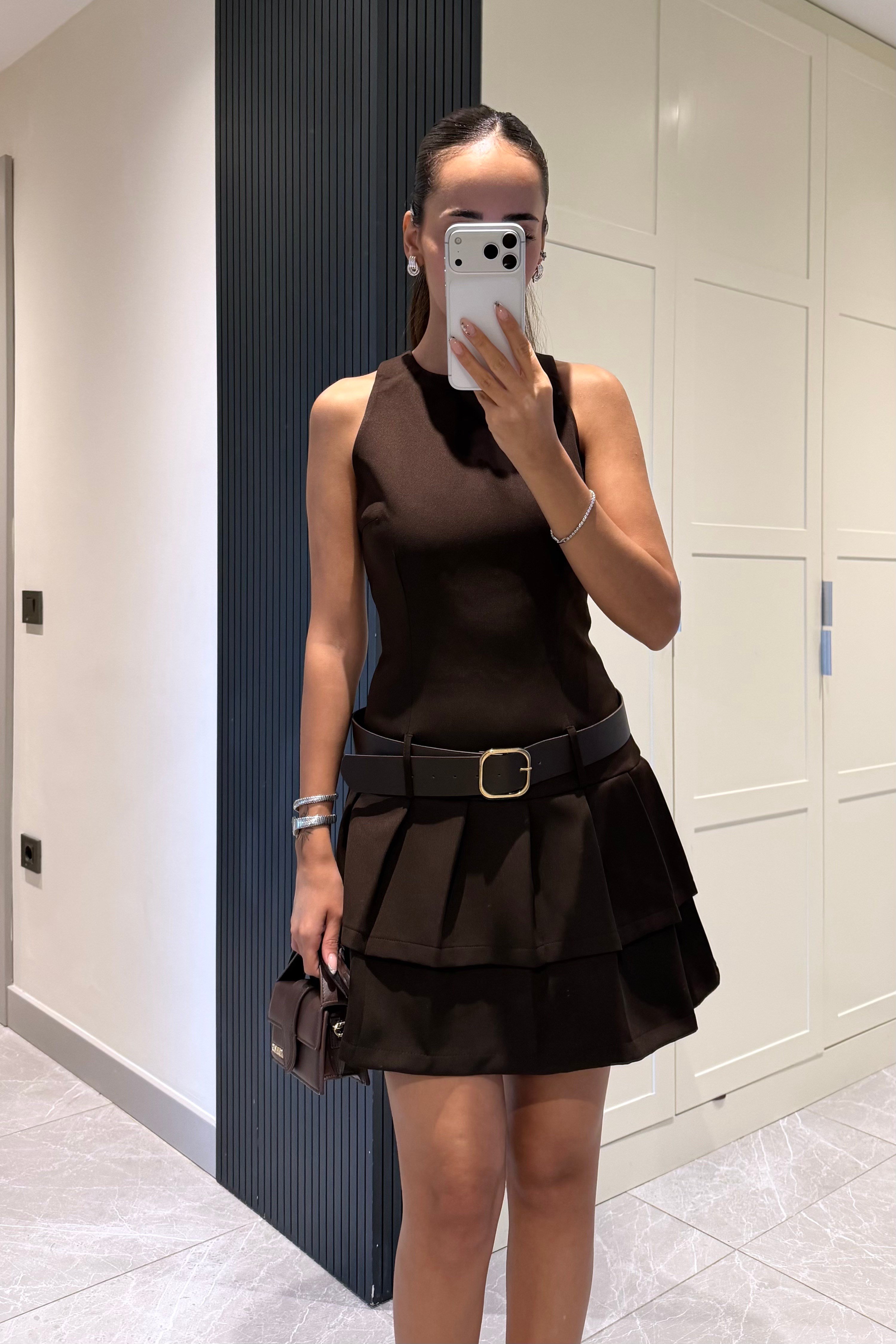 Kahverengi Kemer Detay Mini Elbise - Kadın Elbise Modelleri - Nazliye Moda | Kadın Giyim Modası