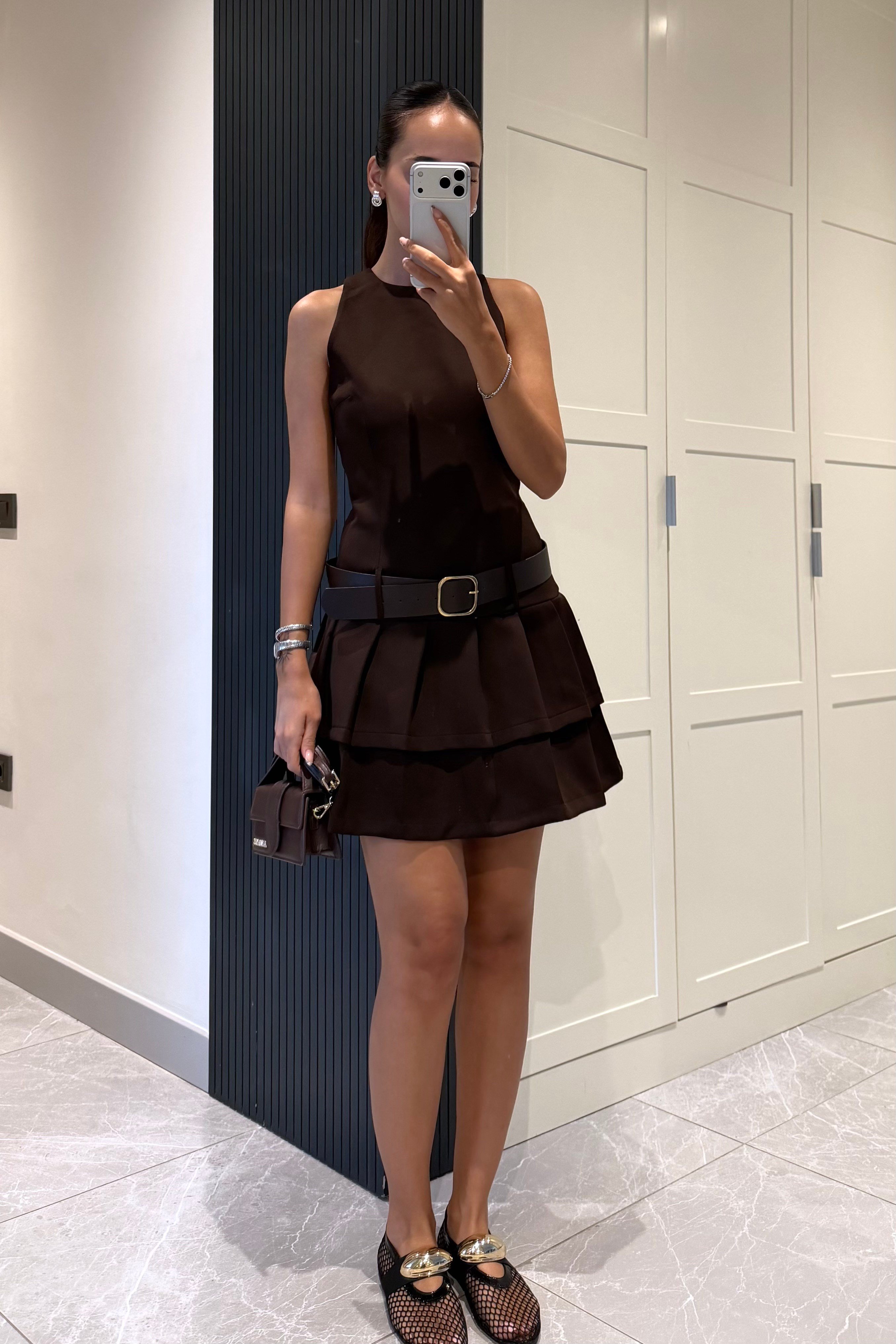 Kahverengi Kemer Detay Mini Elbise - Kadın Elbise Modelleri - Nazliye Moda | Kadın Giyim Modası