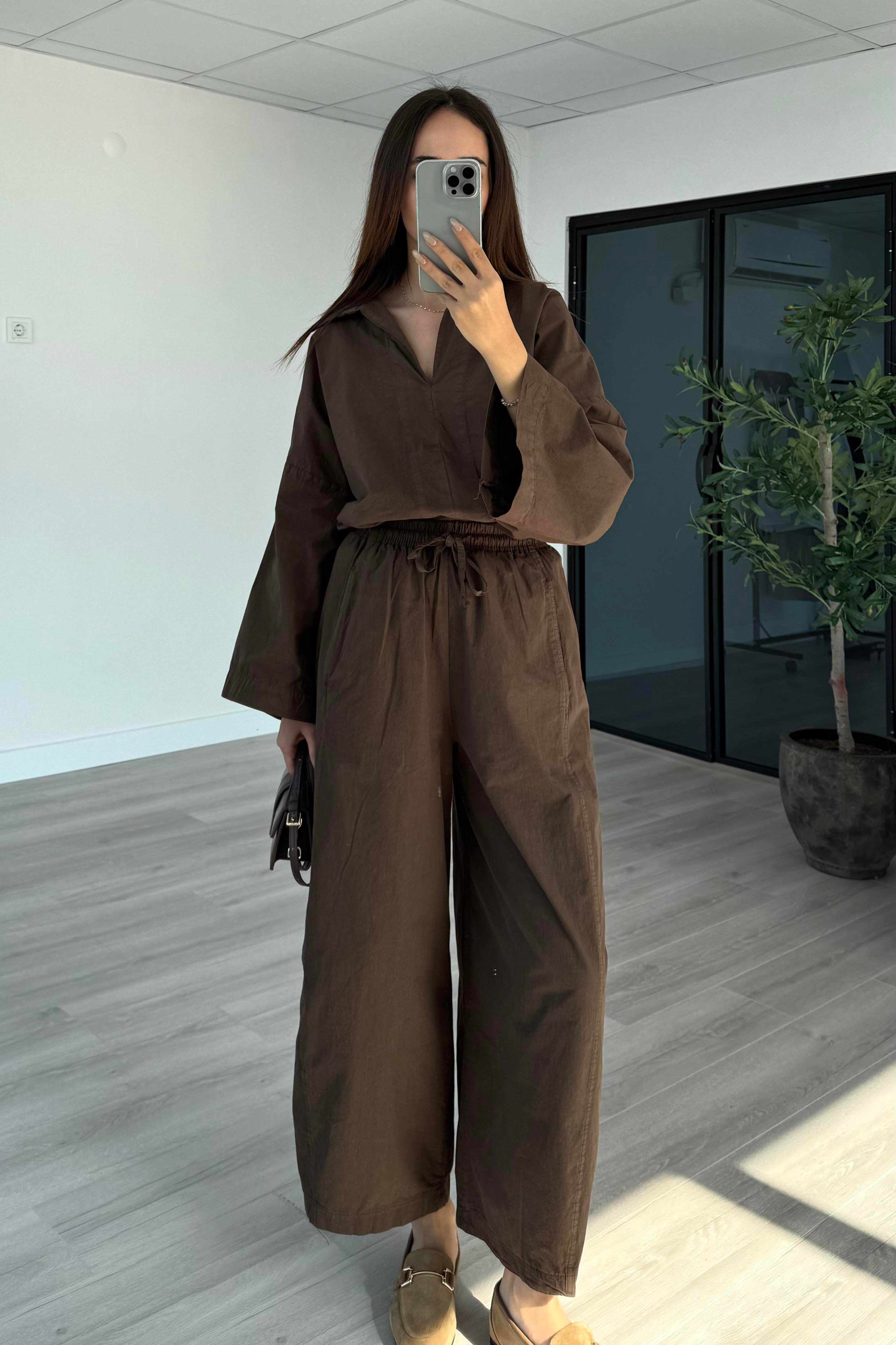 Kahverengi Oversize Gömlek Pantolon Takım - Kadın Takım Modelleri - Nazliye Moda | Kadın Giyim Modası