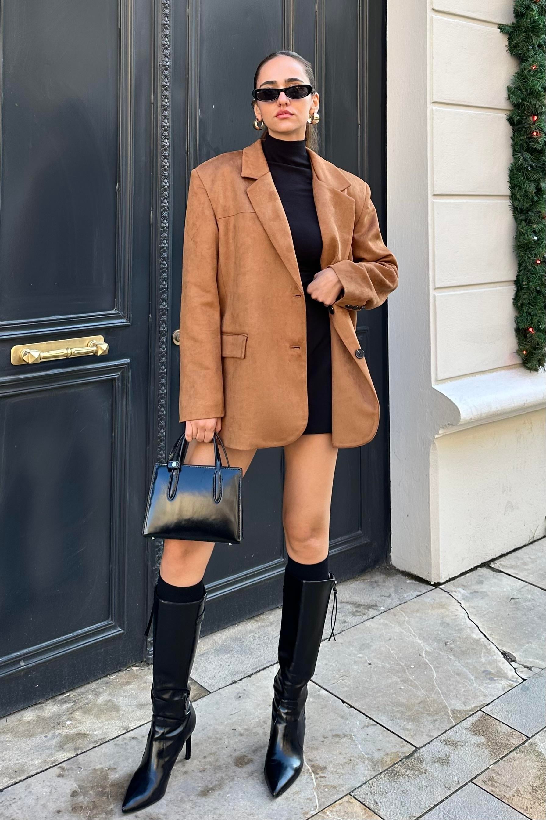 Kahverengi Oversize Süet Blazer Ceket - Kadın Blazer Ceket Modelleri - Nazliye Moda - Kadın Giyim Modası