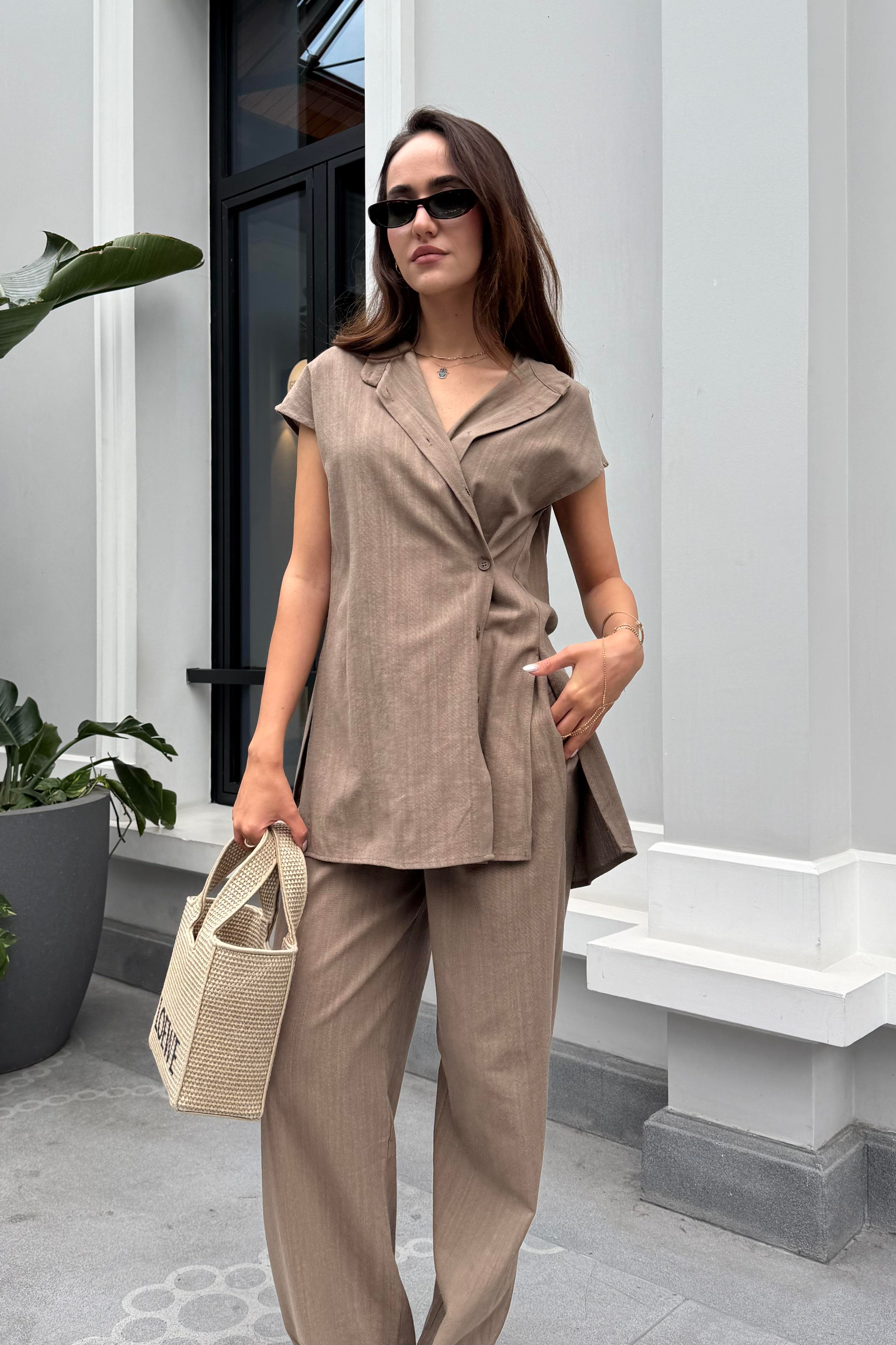 Kahverengi Pantolon Gömlek Takım - Kadın Takım Modelleri - Nazliye Moda | Kadın Giyim Modası