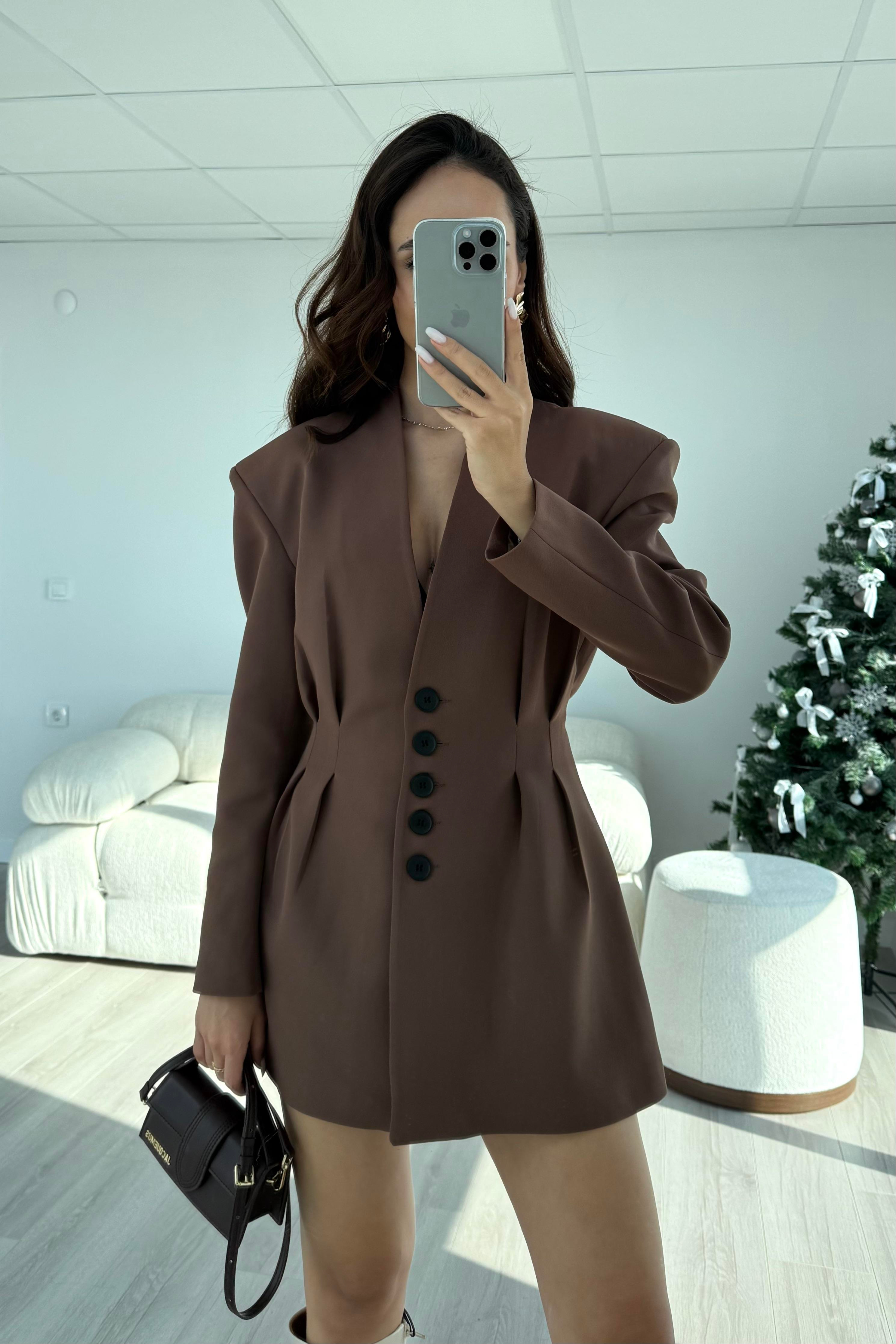 Kahverengi Pens Detaylı Etek Ceket Takım - Kadın Takım Modelleri - Nazliye Moda | Kadın Giyim Modası