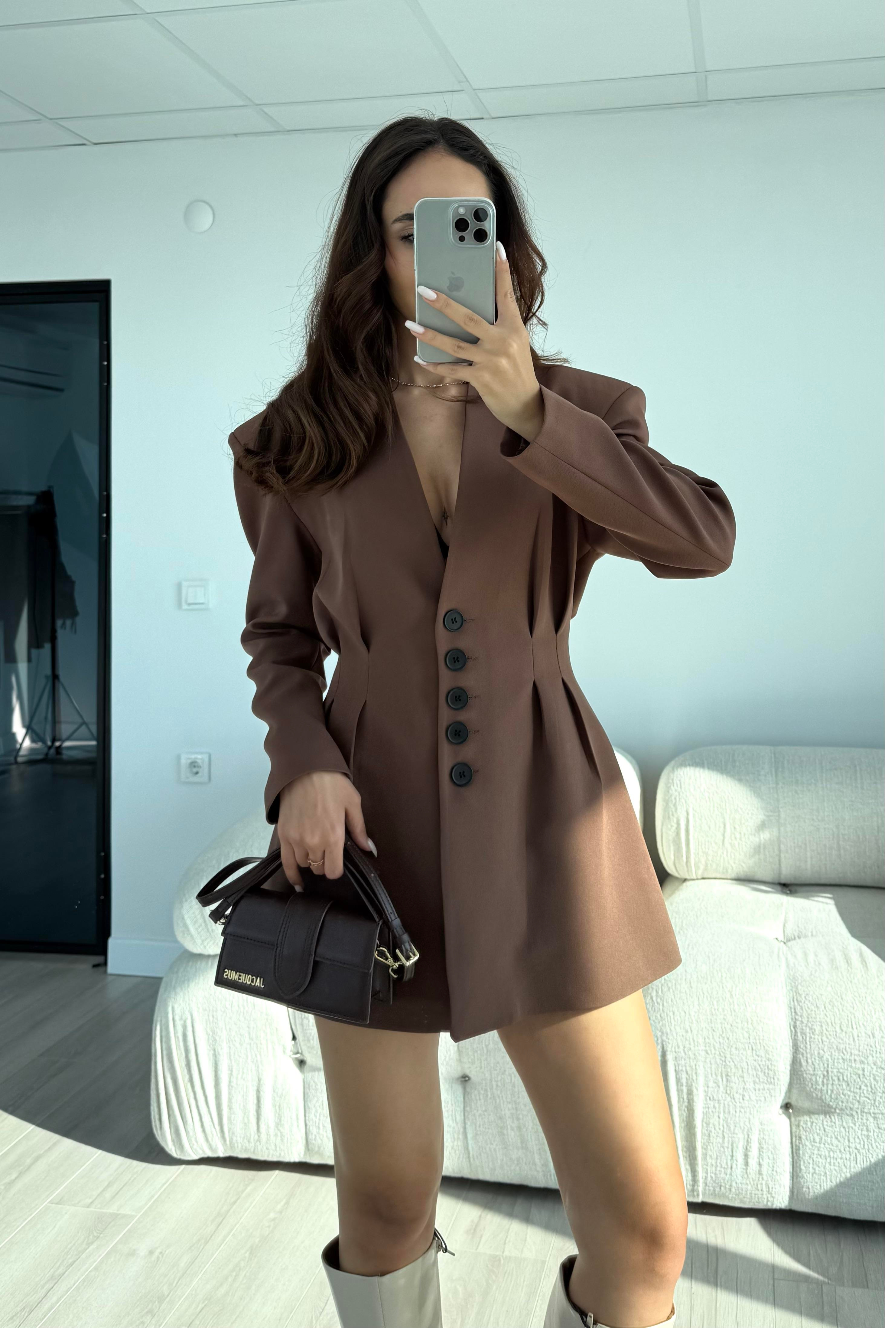 Kahverengi Pens Detaylı Etek Ceket Takım - Kadın Takım Modelleri - Nazliye Moda | Kadın Giyim Modası