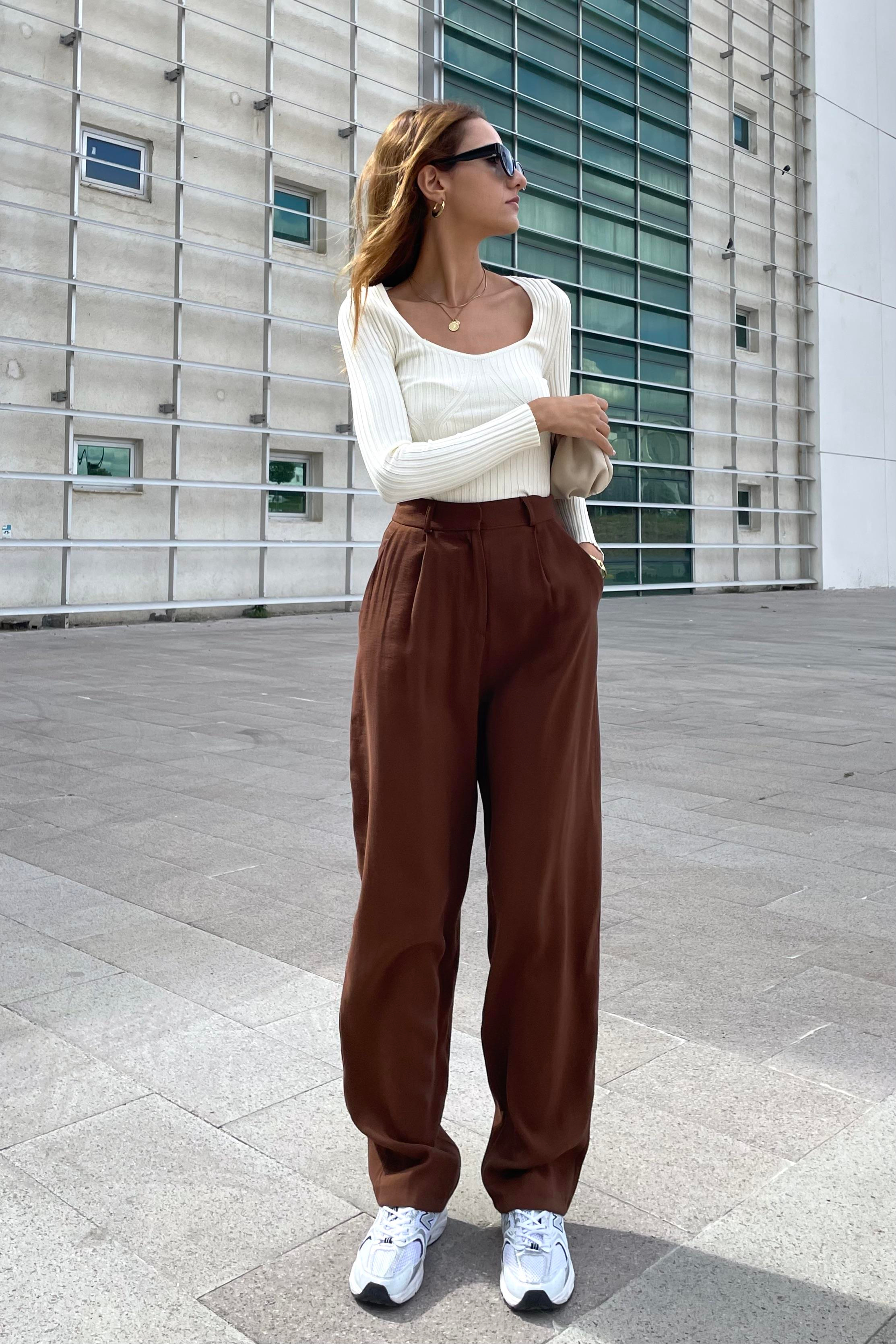 Kahverengi Pileli Palazzo Kumaş Pantolon - Kadın Pantolon Modelleri - Nazliye Moda | Kadın Giyim Modası