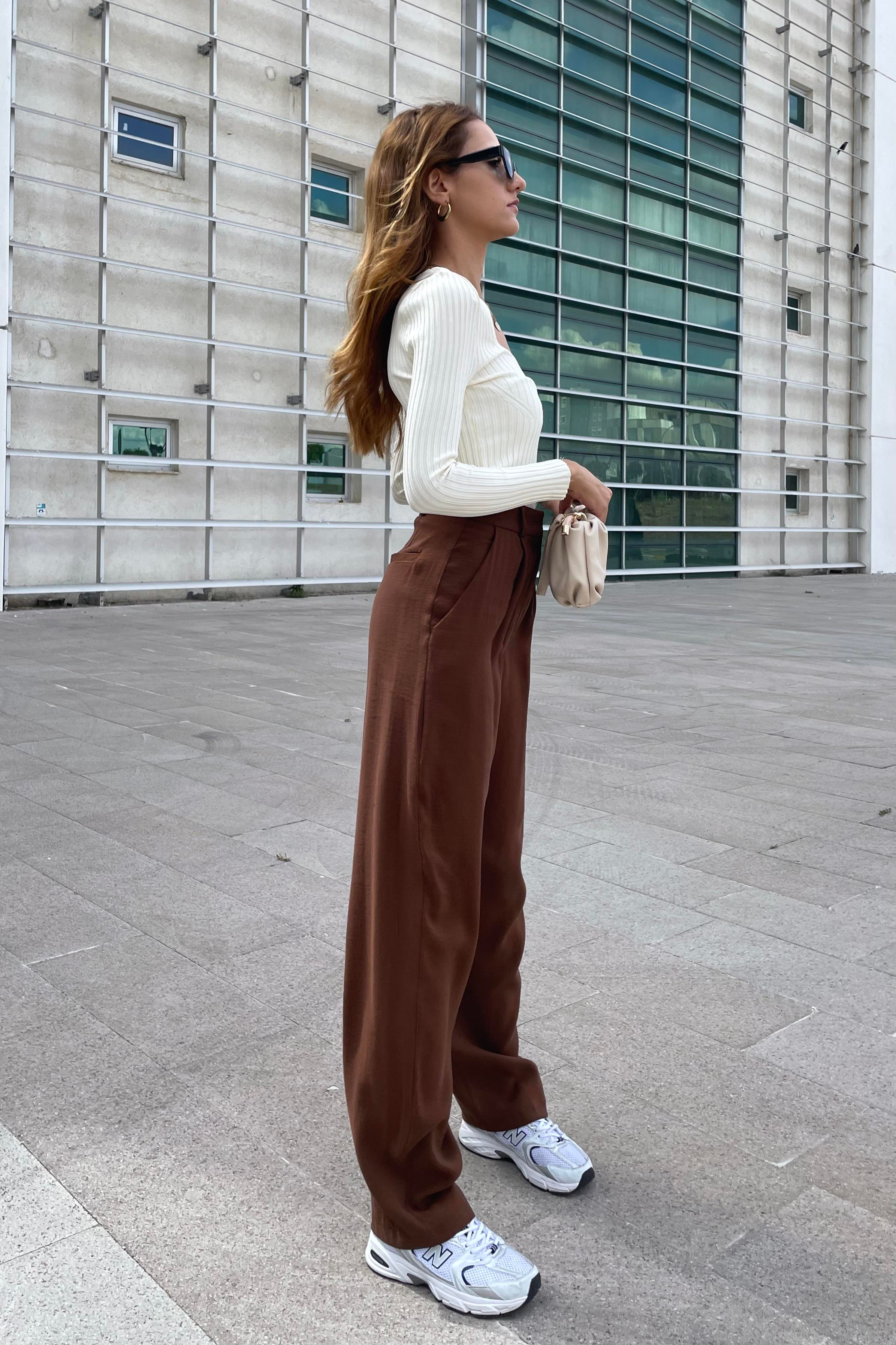 Kahverengi Pileli Palazzo Kumaş Pantolon - Kadın Pantolon Modelleri - Nazliye Moda | Kadın Giyim Modası