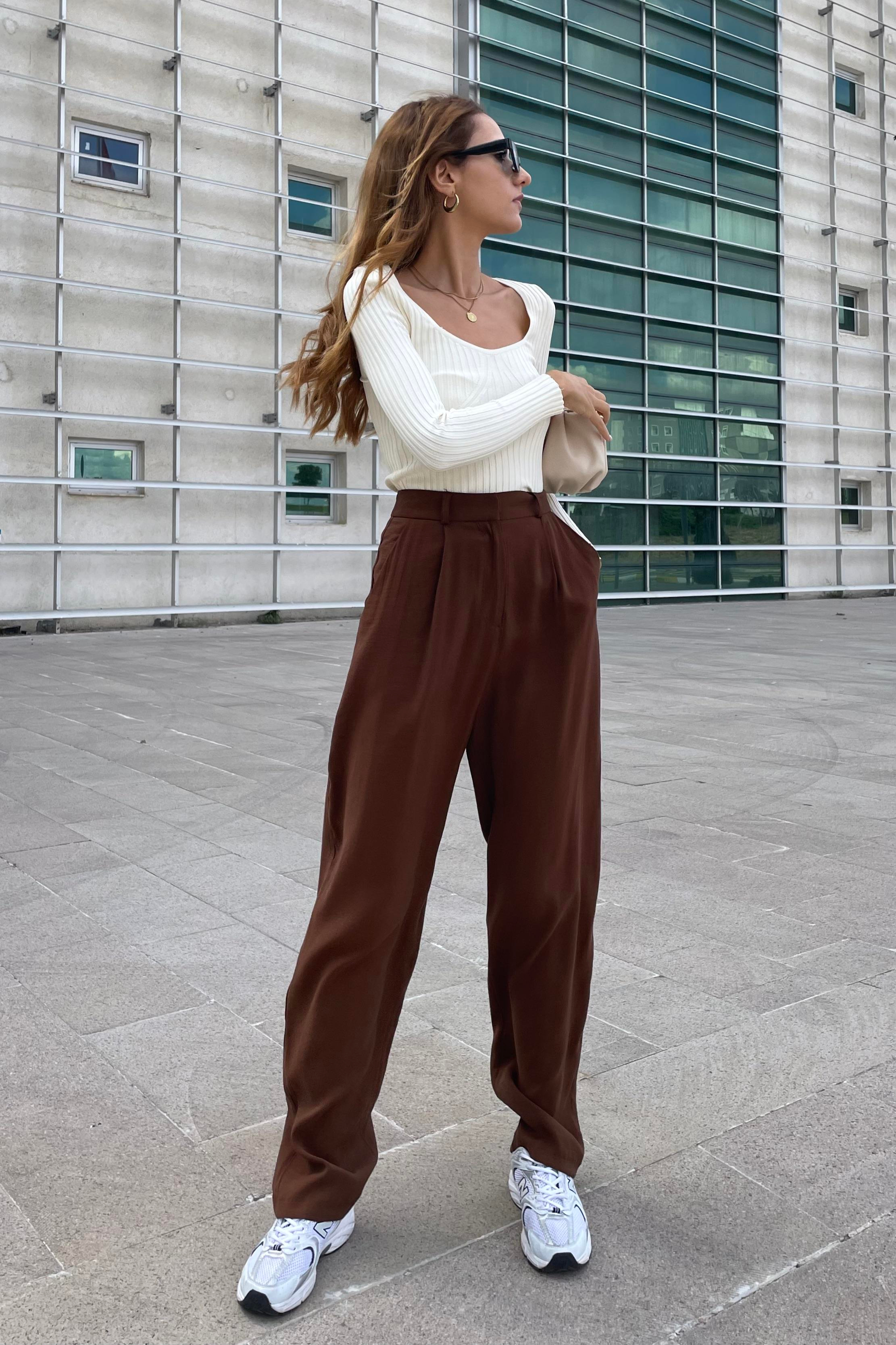 Kahverengi Pileli Palazzo Kumaş Pantolon - Kadın Pantolon Modelleri - Nazliye Moda | Kadın Giyim Modası