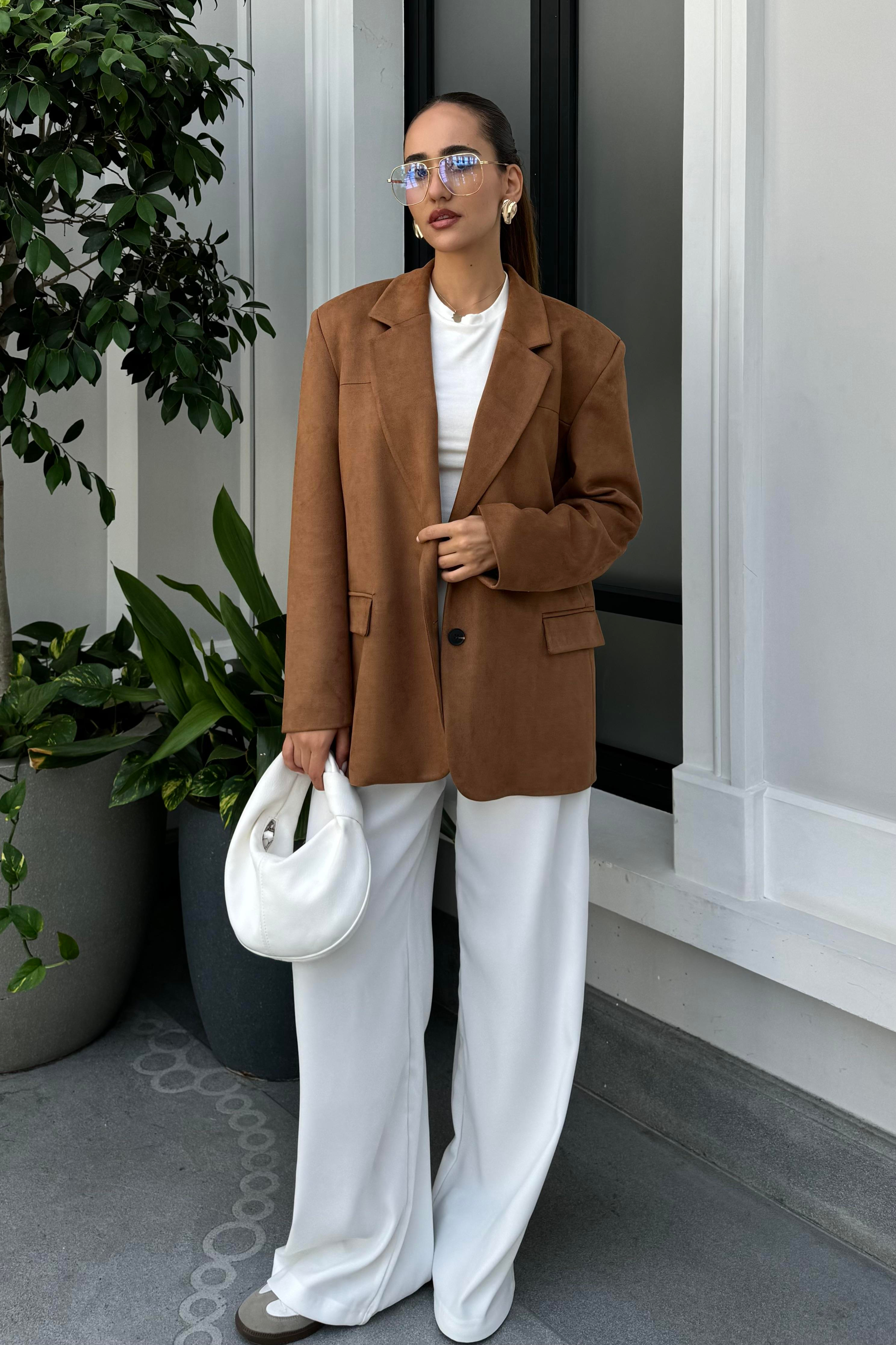 Kahverengi Süet Oversize Blazer Ceket - Kadın Blazer Ceket Modelleri - Nazliye Moda | Kadın Giyim Modası