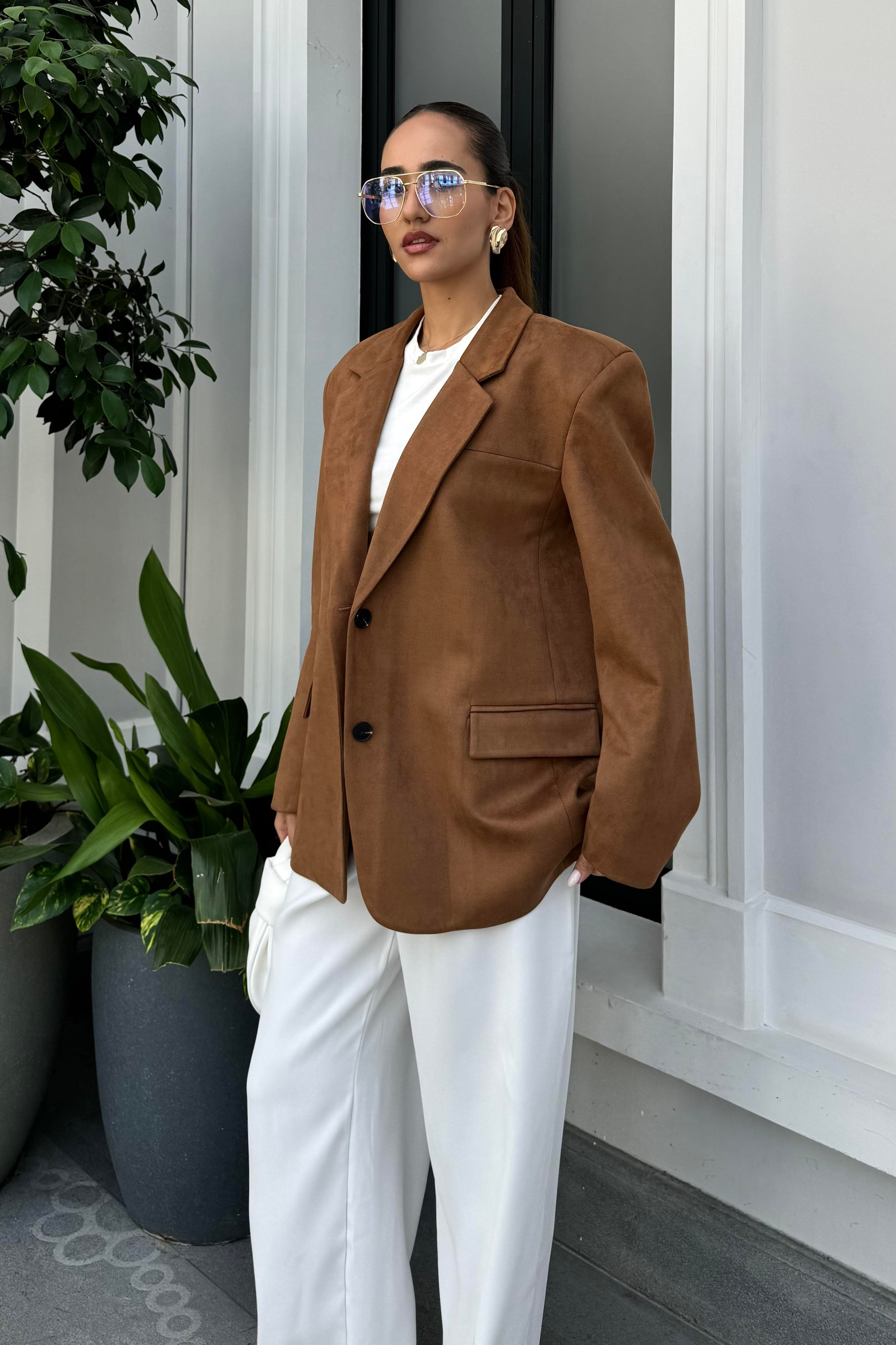 Kahverengi Süet Oversize Blazer Ceket - Kadın Blazer Ceket Modelleri - Nazliye Moda | Kadın Giyim Modası