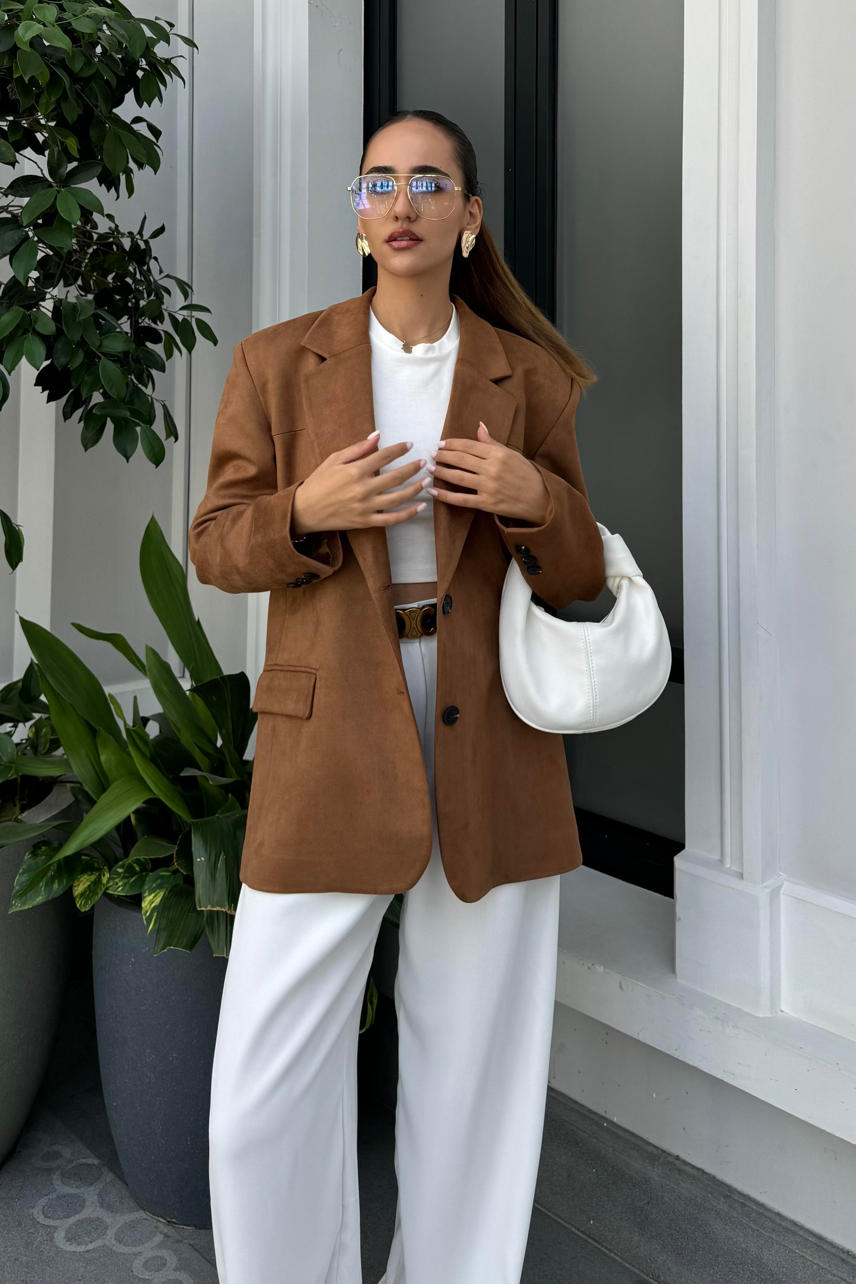 Kahverengi Süet Oversize Blazer Ceket - Kadın Blazer Ceket Modelleri - Nazliye Moda | Kadın Giyim Modası