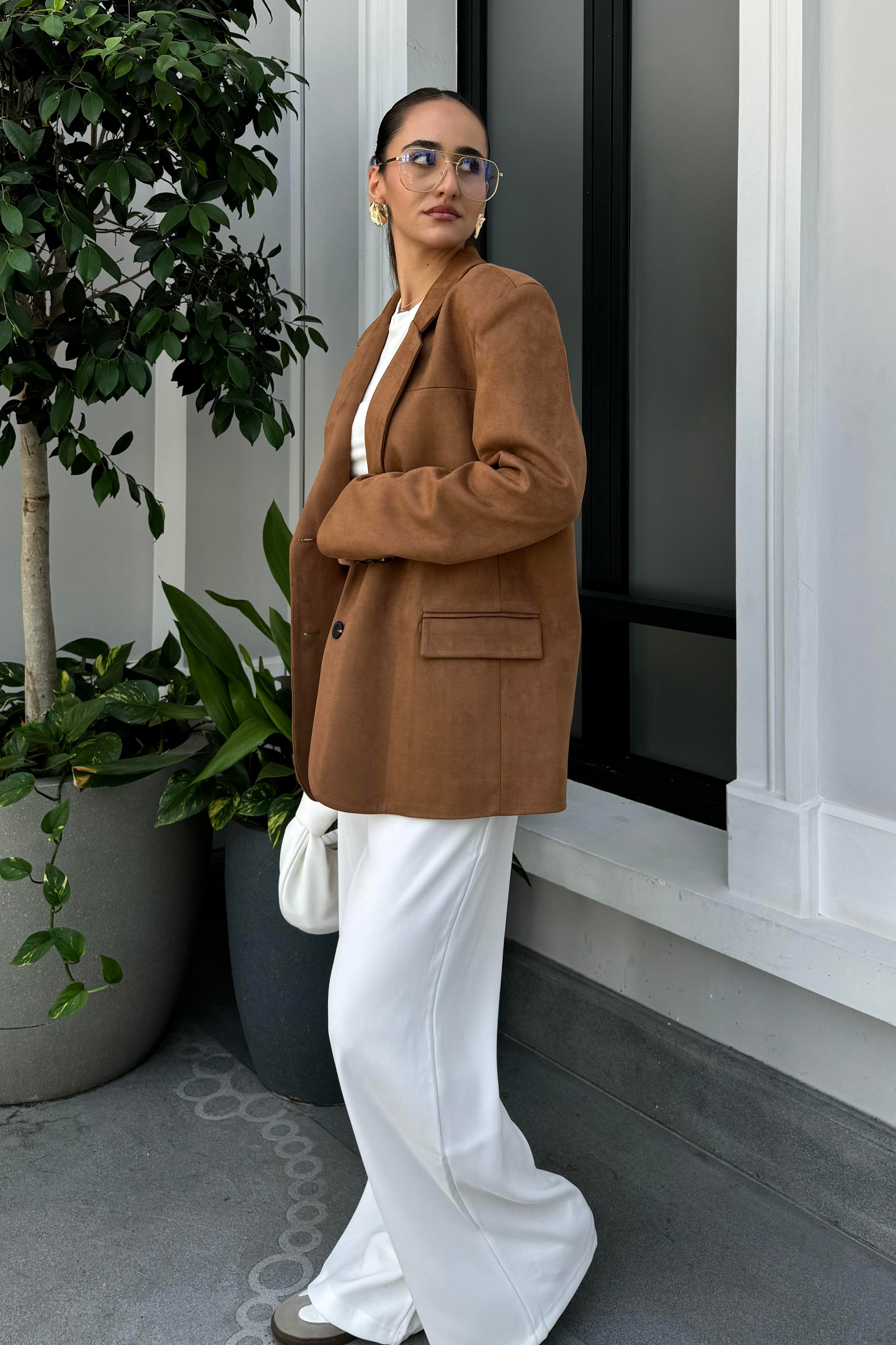 Kahverengi Süet Oversize Blazer Ceket - Kadın Blazer Ceket Modelleri - Nazliye Moda | Kadın Giyim Modası