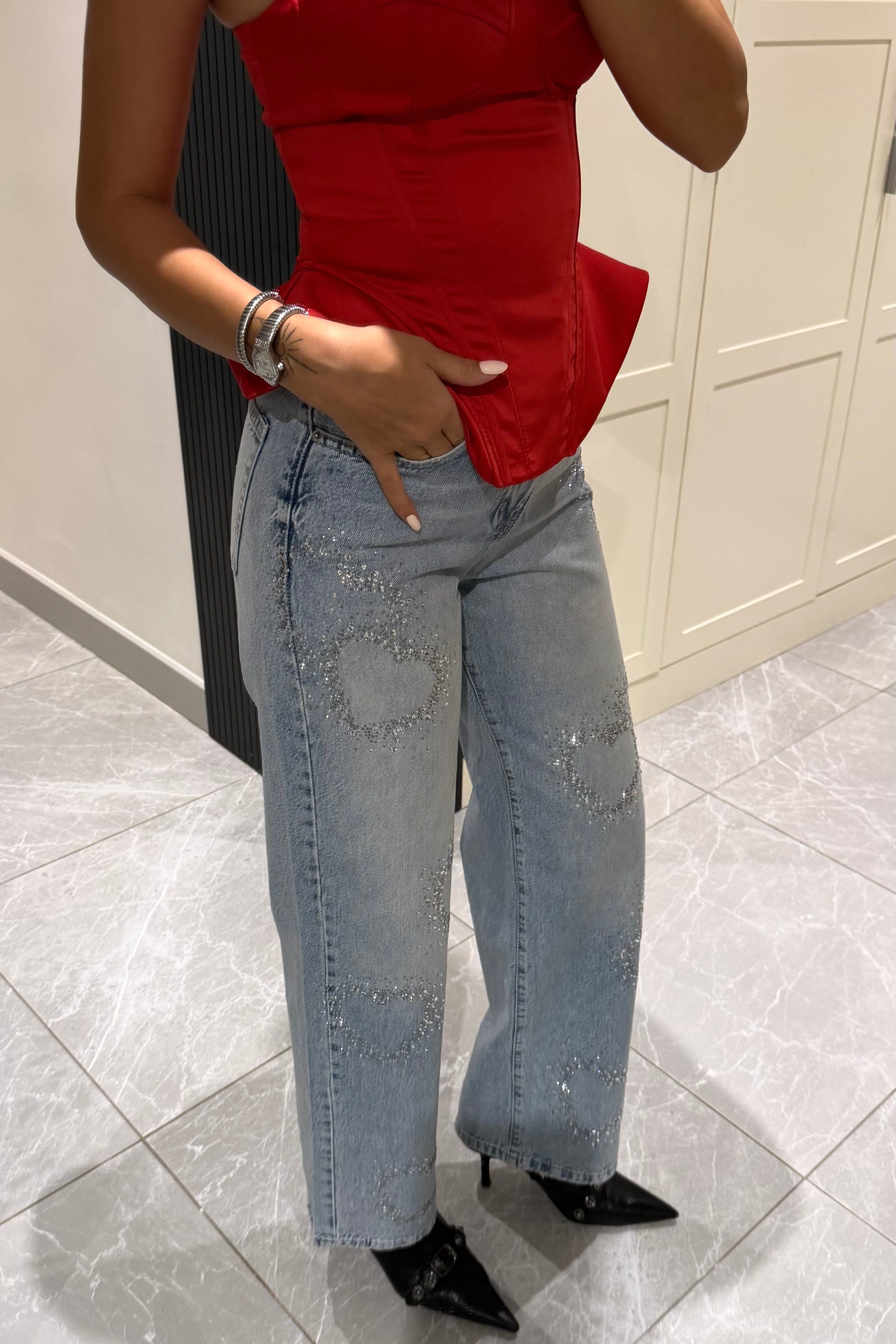 Kalp Taş Baskılı Premium Jean - Kadın Jeans Modelleri - Nazliye Moda | Kadın Giyim Modası