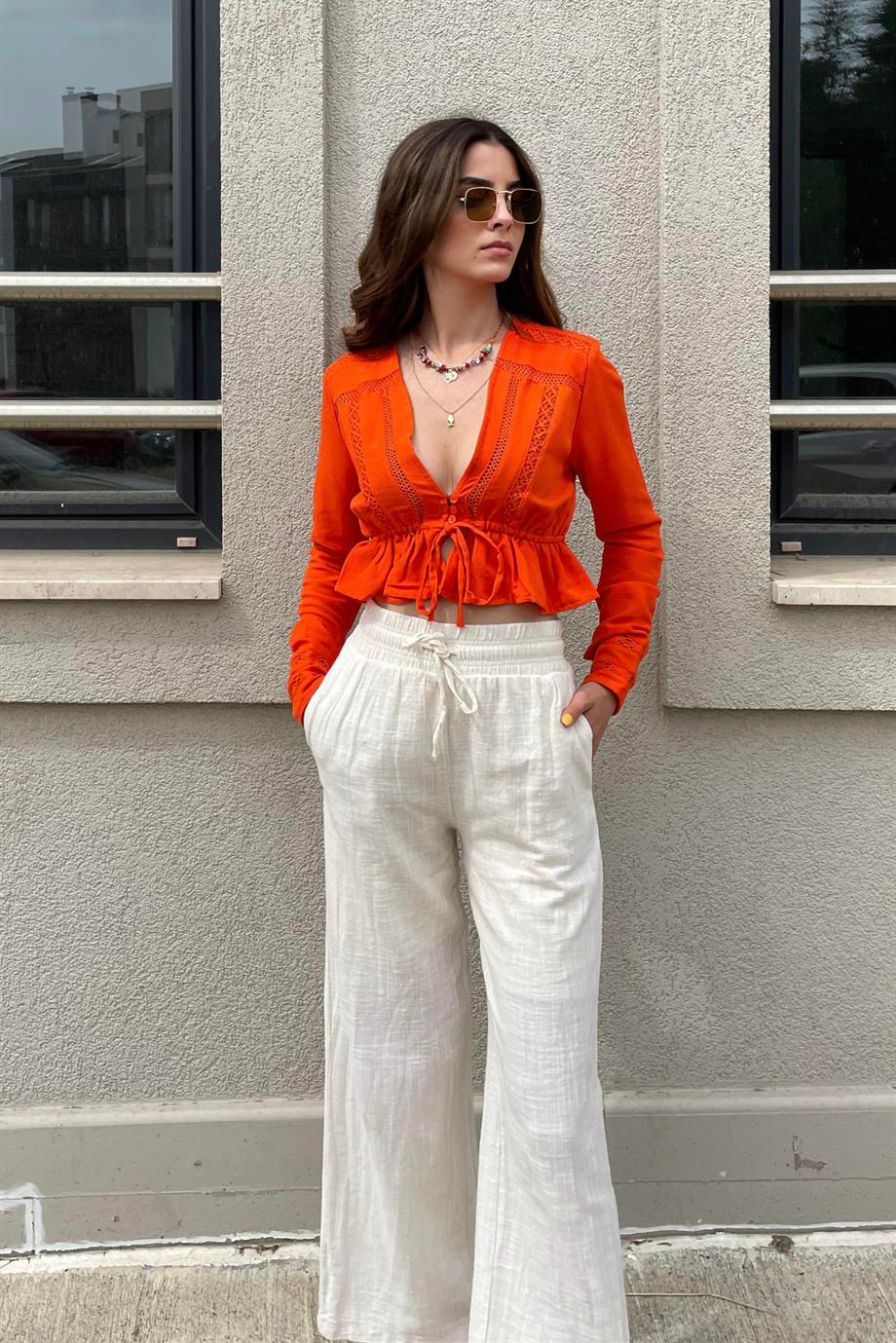 Kırık Beyaz Lastikli Keten Palazzo Pantolon - Kadın Pantolon Modelleri - Nazliye Moda | Kadın Giyim Modası