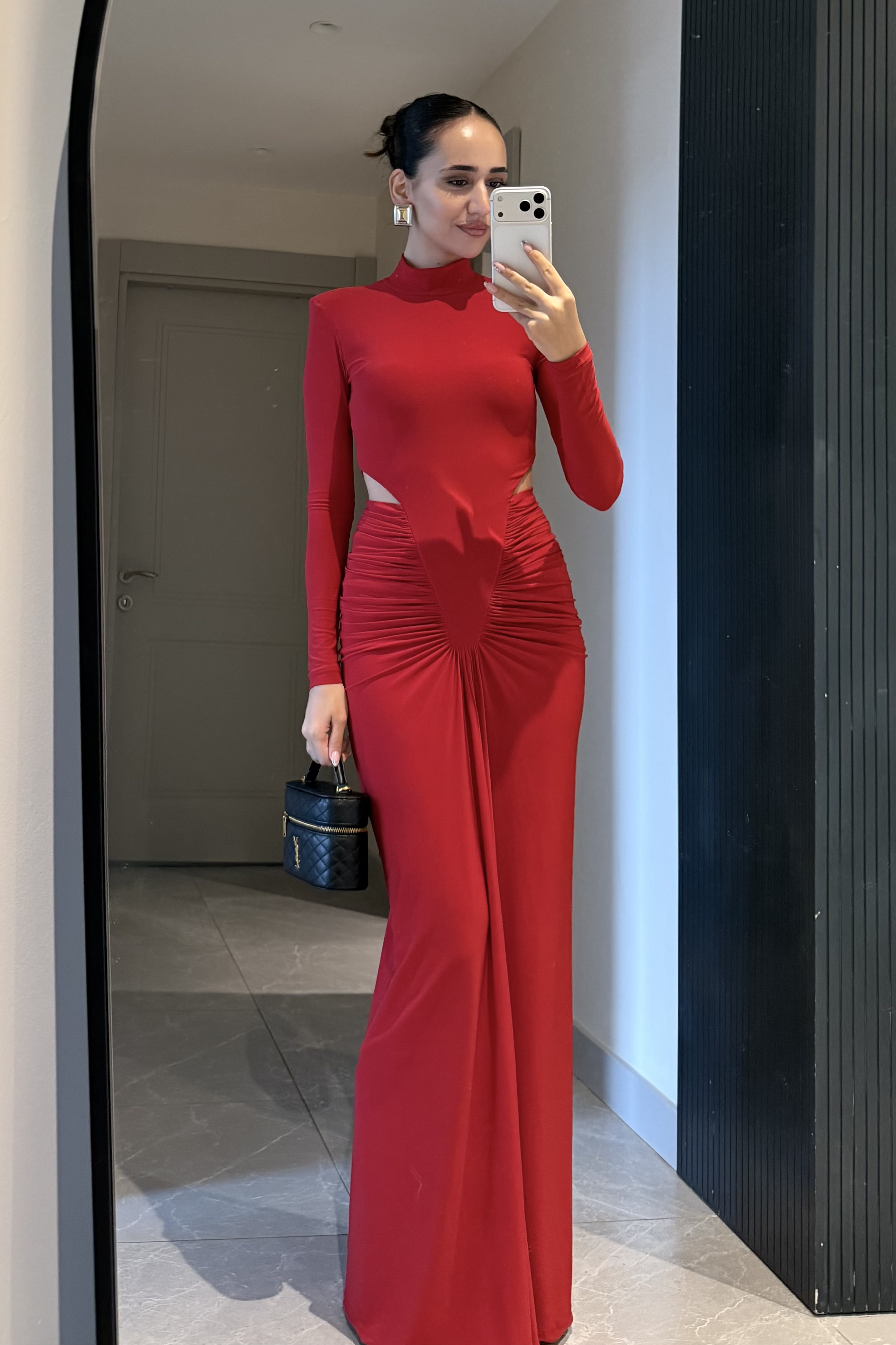 Kırmızı Bel Dekolteli Drape Uzun Elbise - Kadın Elbise Modelleri - Nazliye Moda | Kadın Giyim Modası