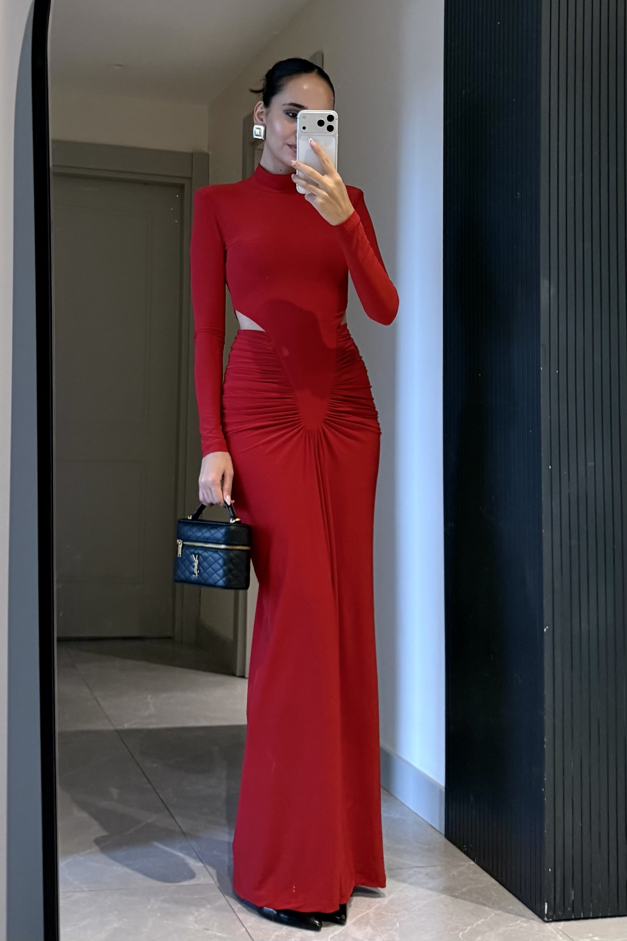 Kırmızı Bel Dekolteli Drape Uzun Elbise - Kadın Elbise Modelleri - Nazliye Moda | Kadın Giyim Modası