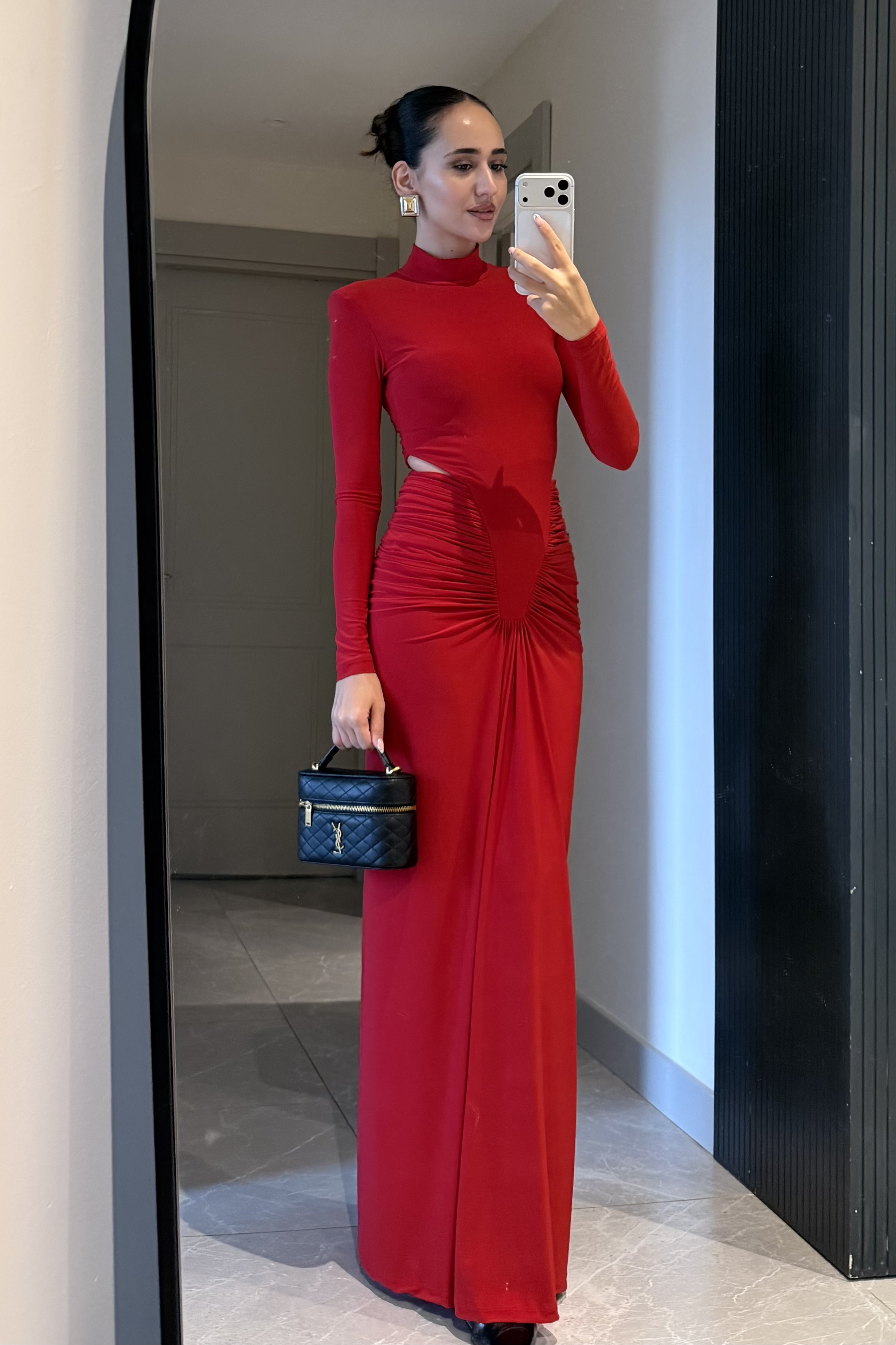 Kırmızı Bel Dekolteli Drape Uzun Elbise - Kadın Elbise Modelleri - Nazliye Moda | Kadın Giyim Modası