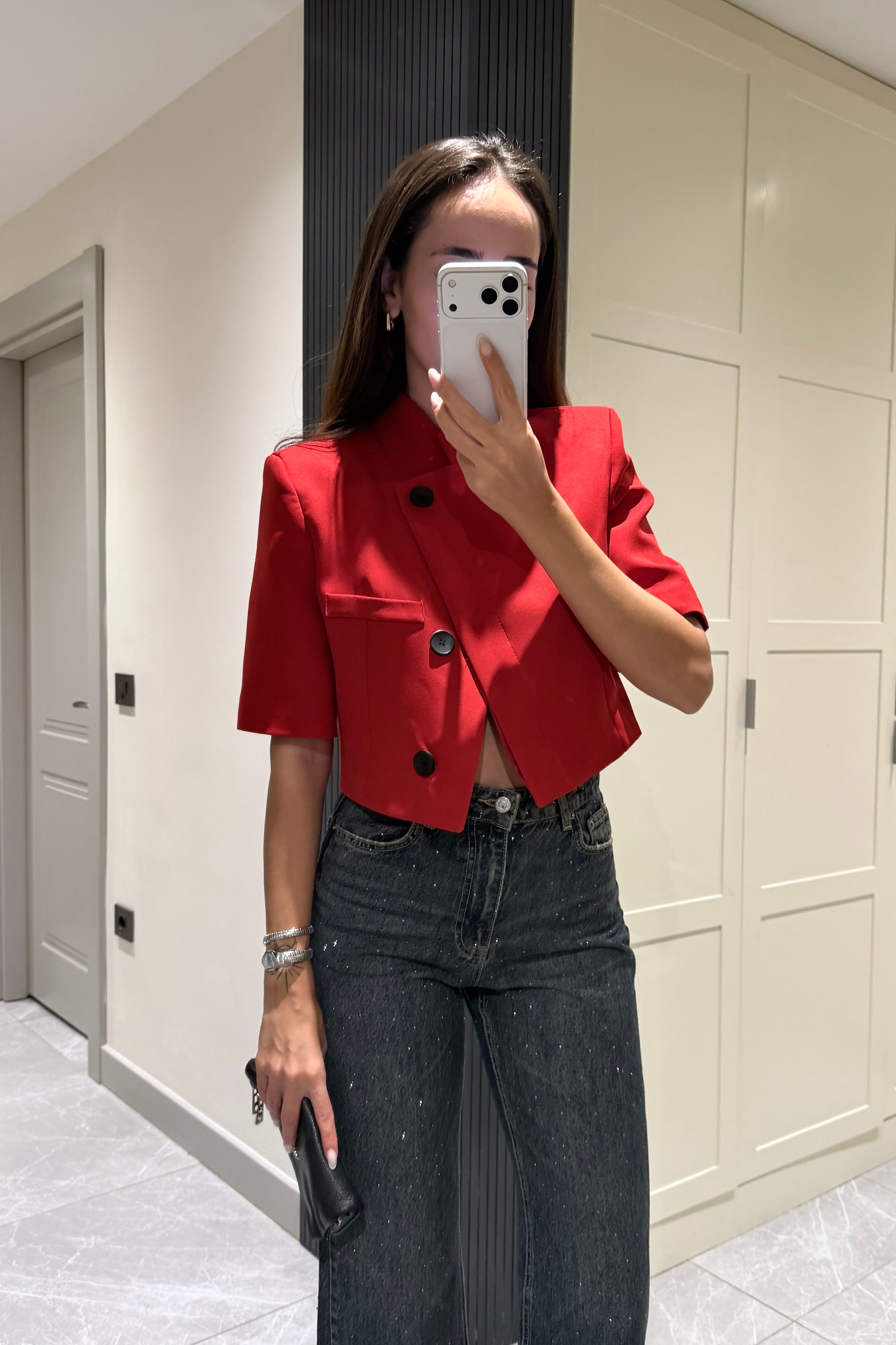 Kırmızı Crop Ceket - Kadın Ceket Modelleri - Nazliye Moda | Kadın Giyim Modası