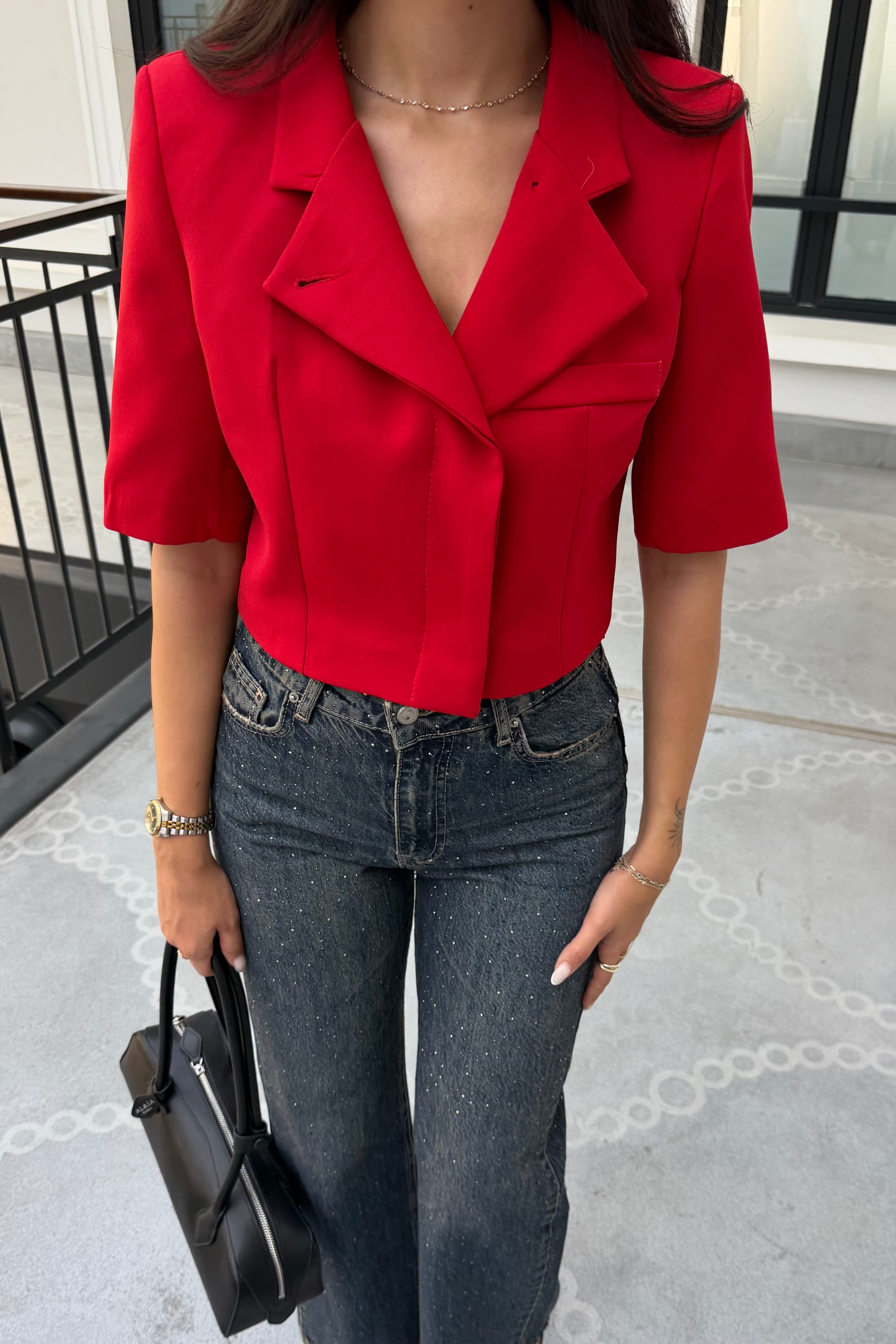 Kırmızı Crop Ceket - Kadın Jackets Modelleri - Nazliye Moda | Kadın Giyim Modası