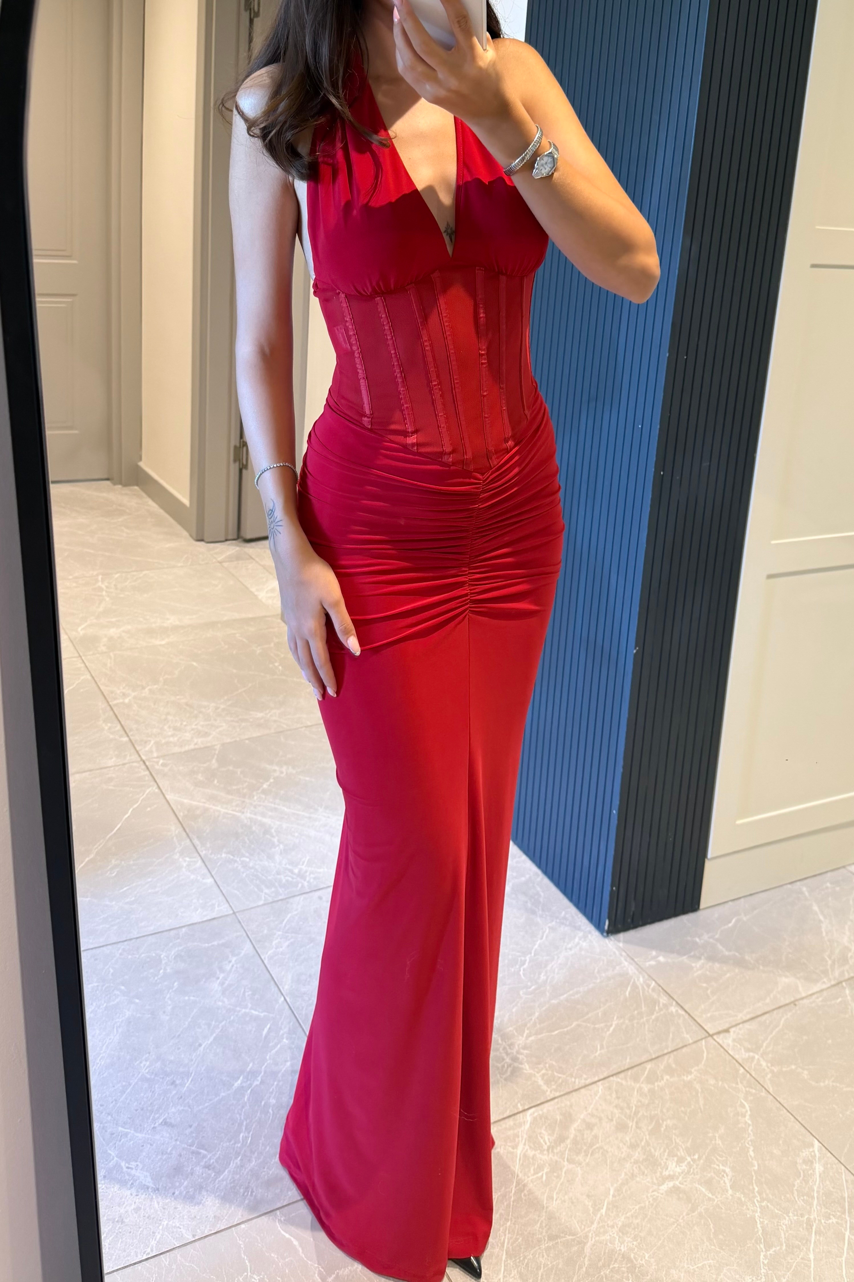 Kırmızı Korse Detay Uzun Elbise - Kadın Elbise Modelleri - Nazliye Moda | Kadın Giyim Modası