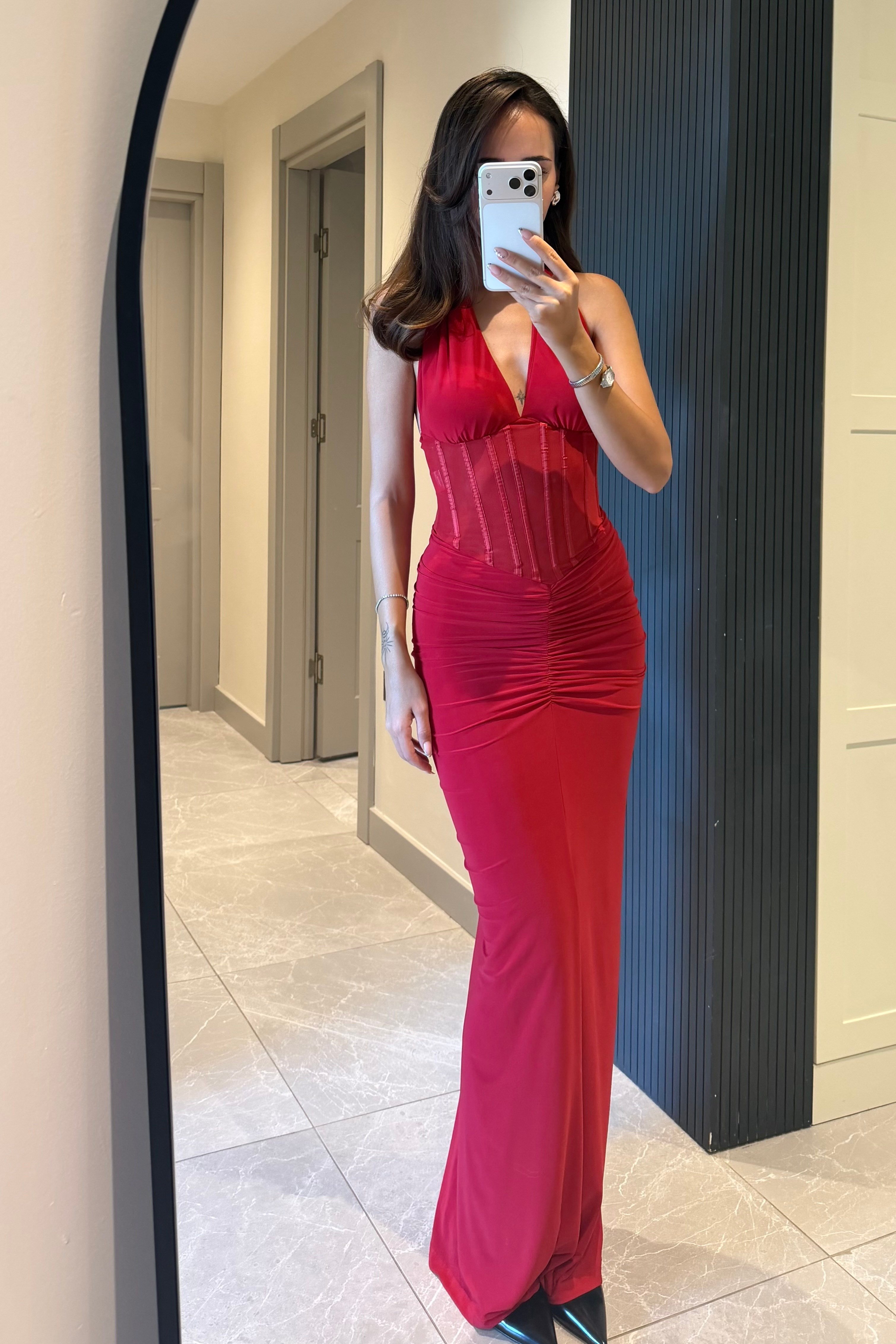Kırmızı Korse Detay Uzun Elbise - Kadın Elbise Modelleri - Nazliye Moda | Kadın Giyim Modası